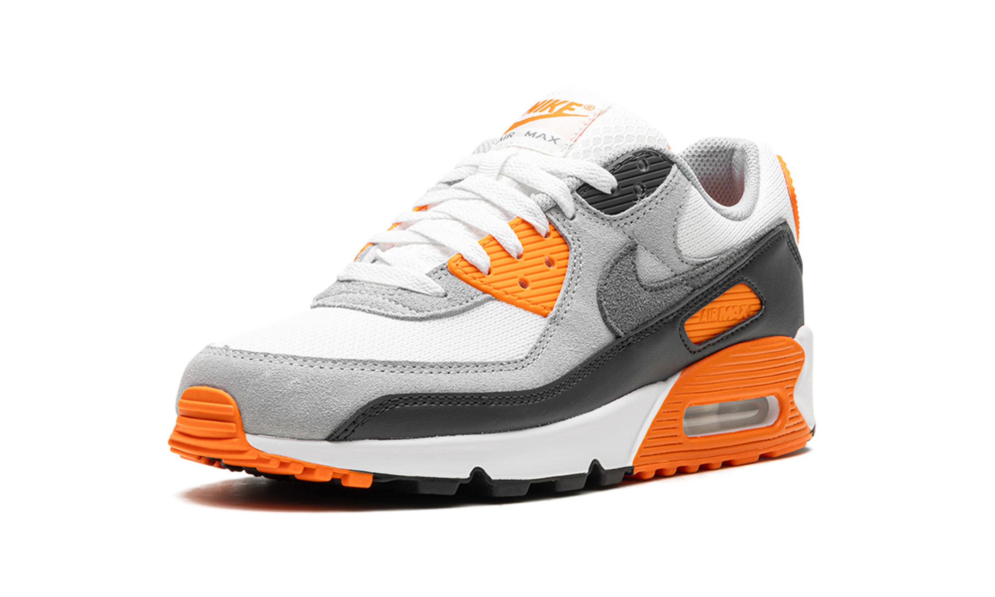 nike air max 90 summit white safety orange dark smoke grey smoke grey+DM0029-108+left diagnol single view