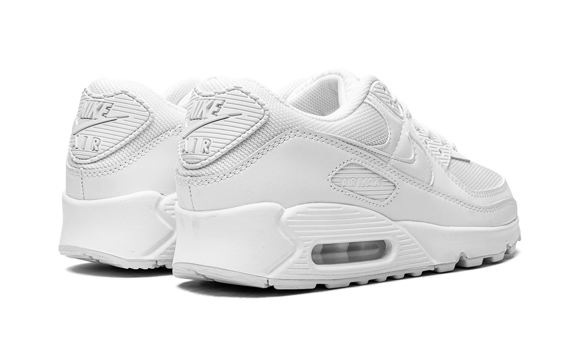 nike air max 90 triple white 2022 women s+DH8010-100+diagnol right behind view