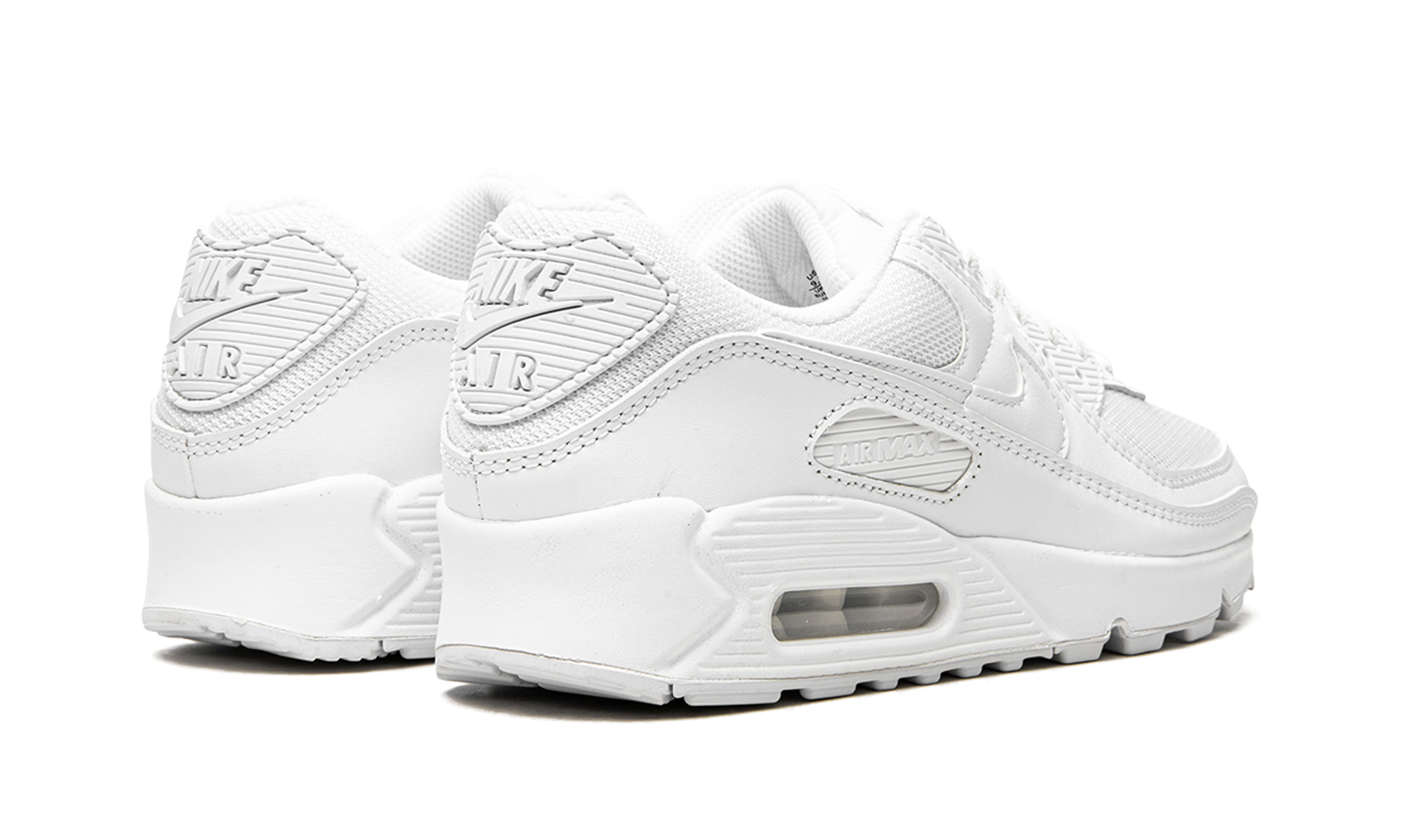 nike air max 90 triple white women s+CQ2560-100+diagnol right behind view