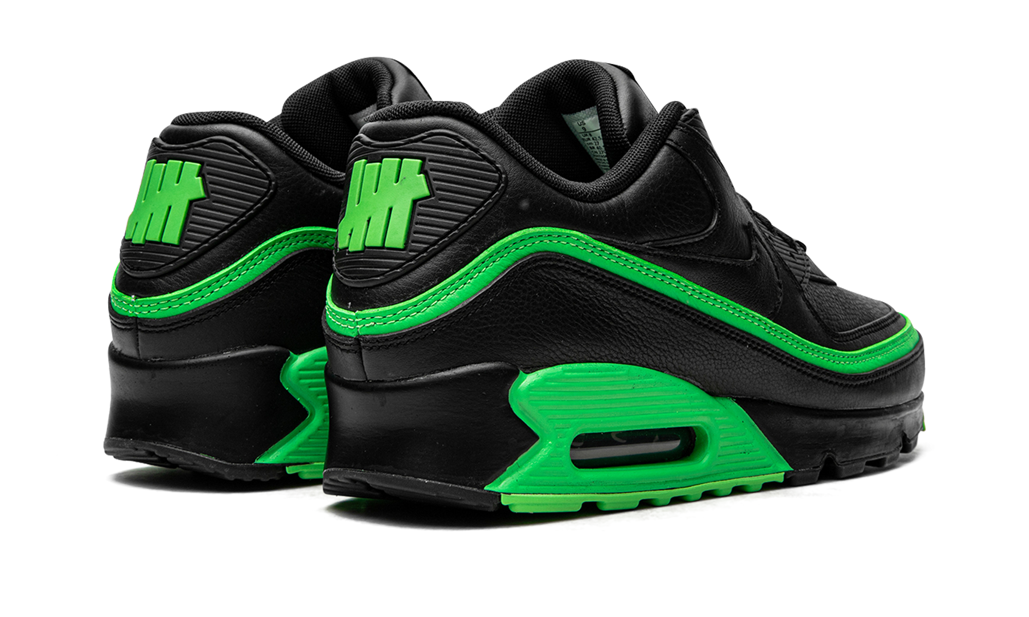 nike air max 90 undefeated black green+CJ7197-004+diagnol right behind view