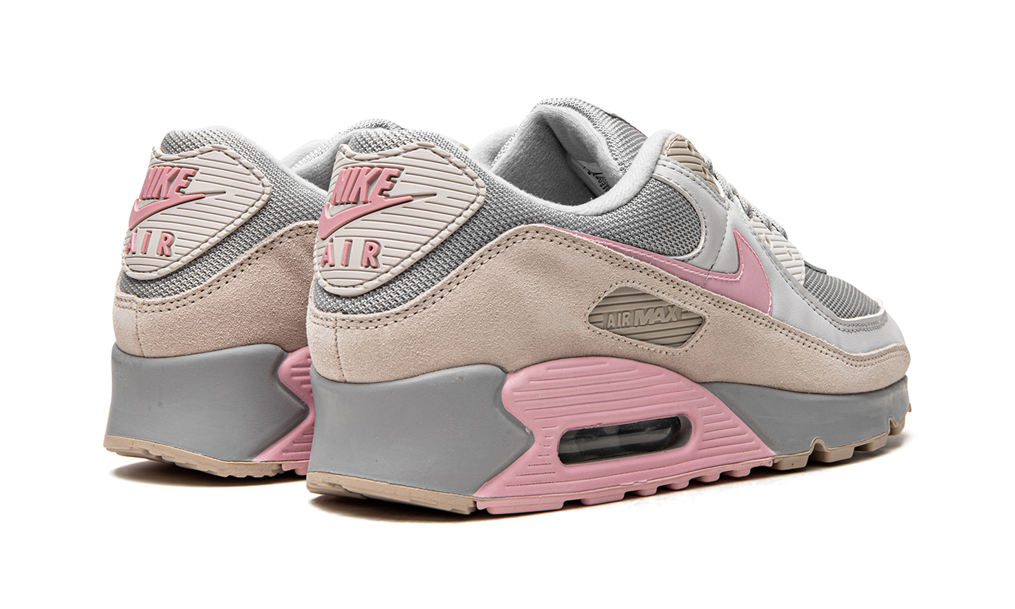 nike air max 90 vast grey pink+CW7483-001+diagnol right behind view