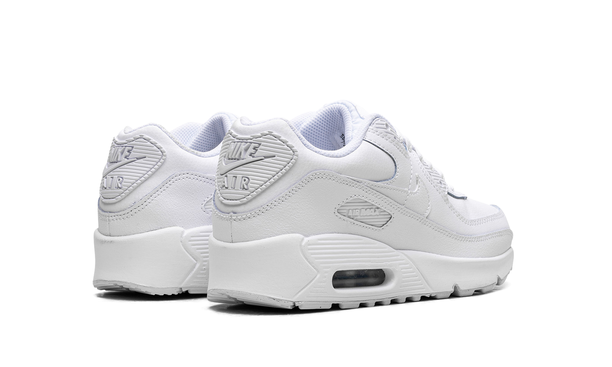 nike air max 90 white metallic silver gs+HF6358-102+diagnol right behind view