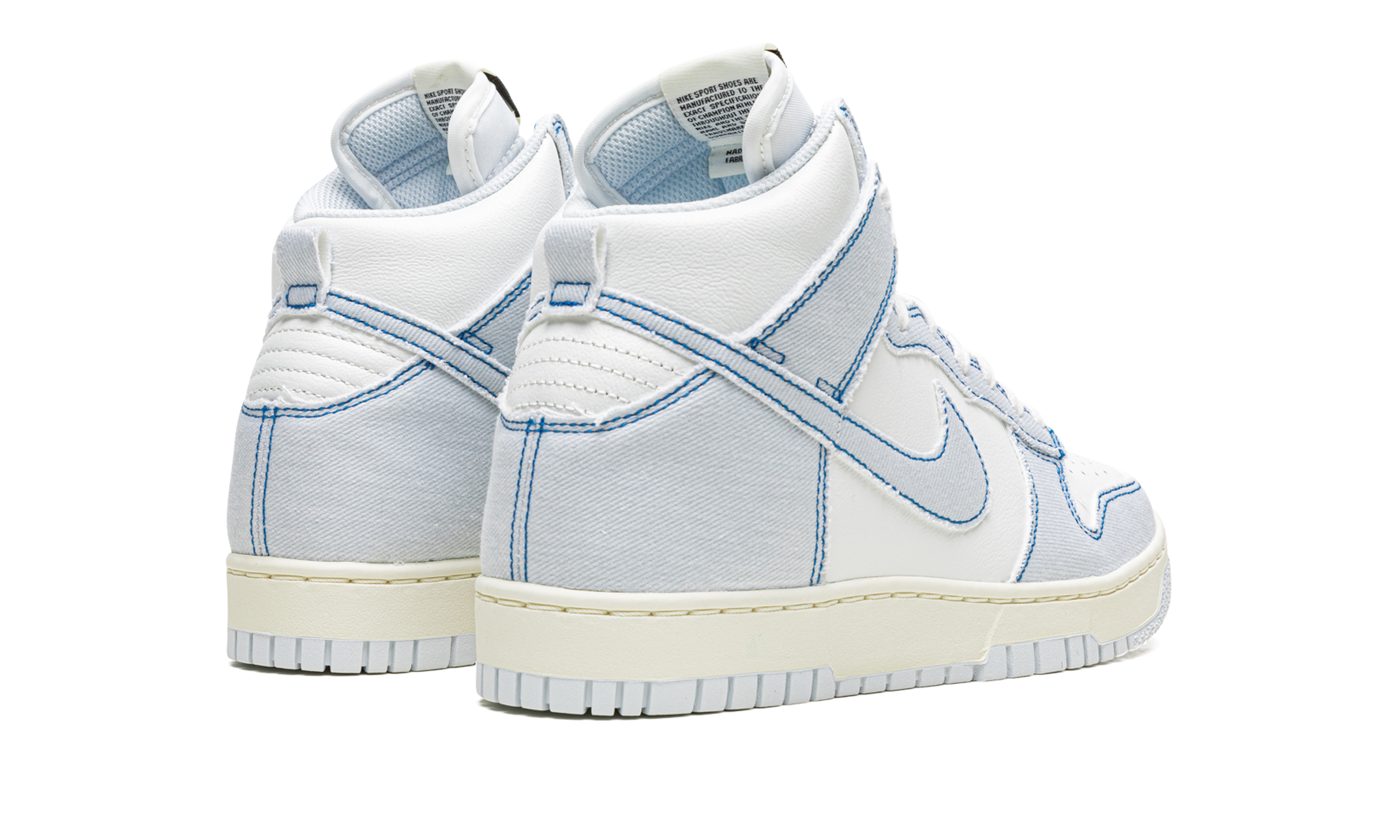 nike dunk high 1985 blue denim+DQ8799-101+diagnol right behind view