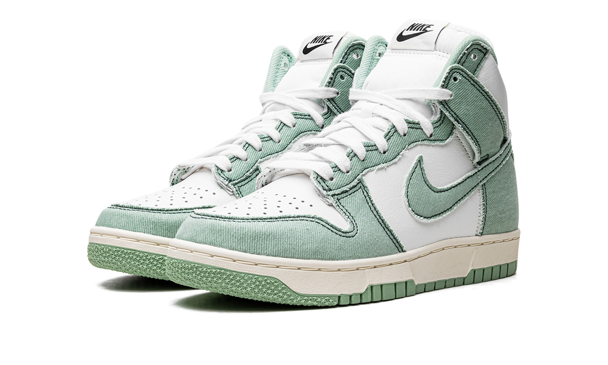 nike dunk high 1985 enamel green denim women s+DV1143-300+diagnol left view