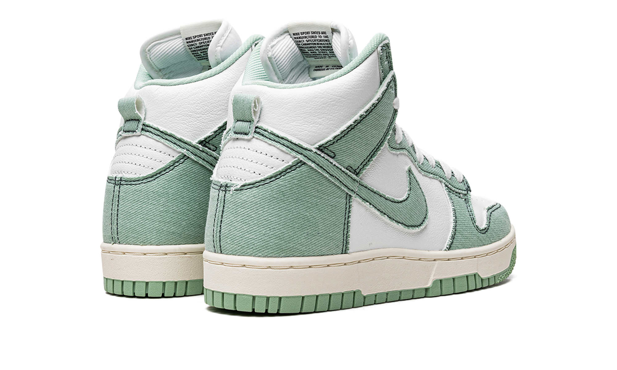 nike dunk high 1985 enamel green denim women s+DV1143-300+diagnol right behind view