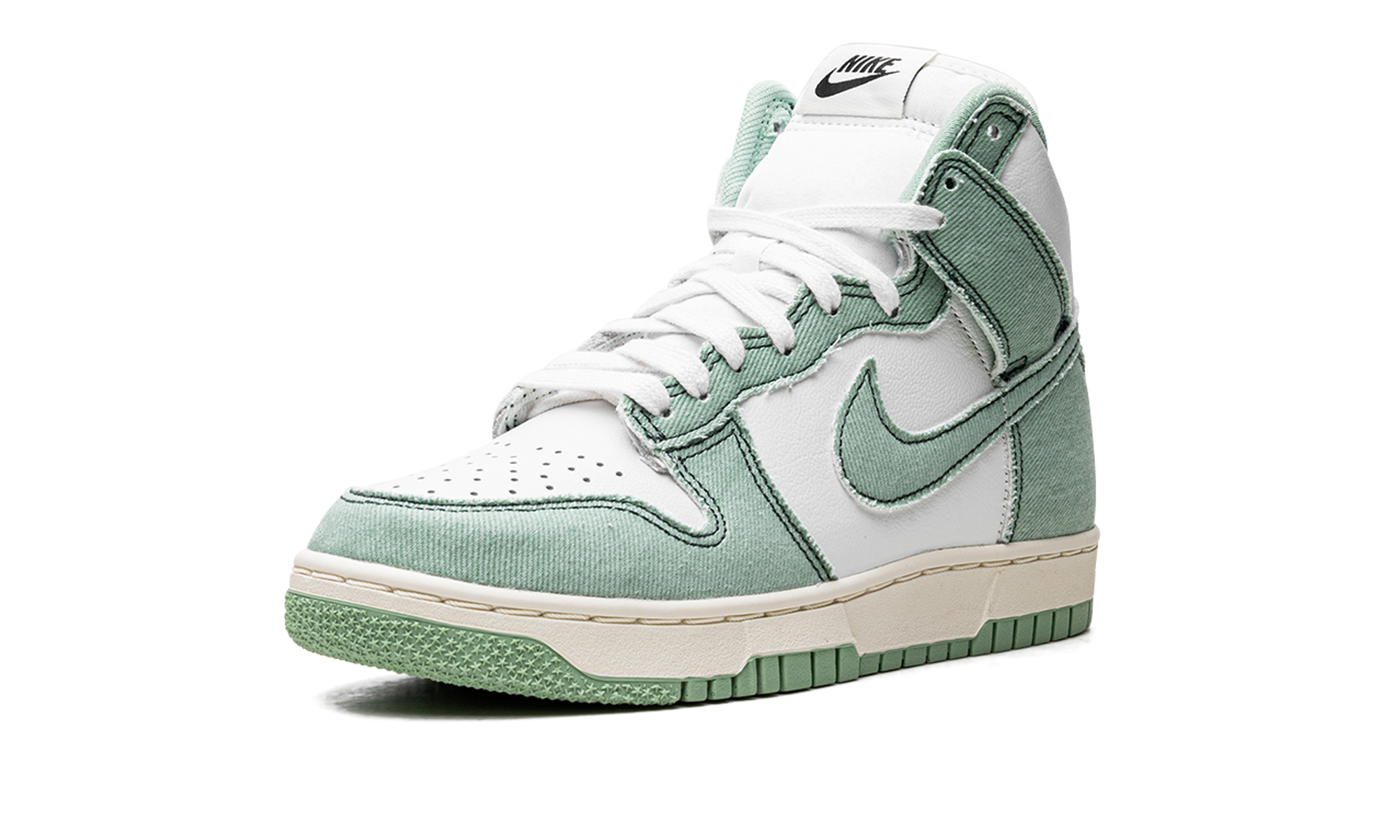 nike dunk high 1985 enamel green denim women s+DV1143-300+left diagnol single view
