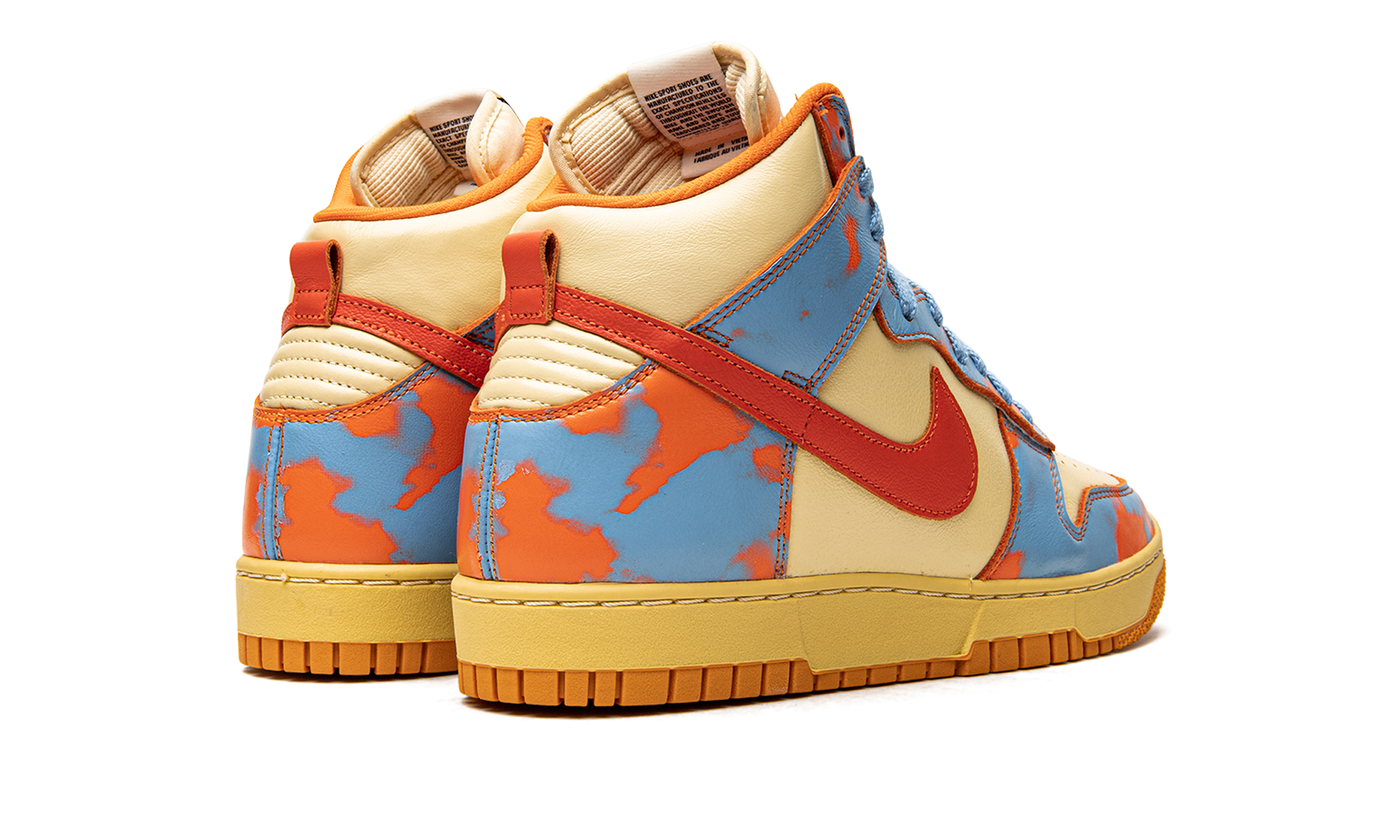 nike dunk high 1985 sp orange acid wash+DD9404-800+diagnol right behind view