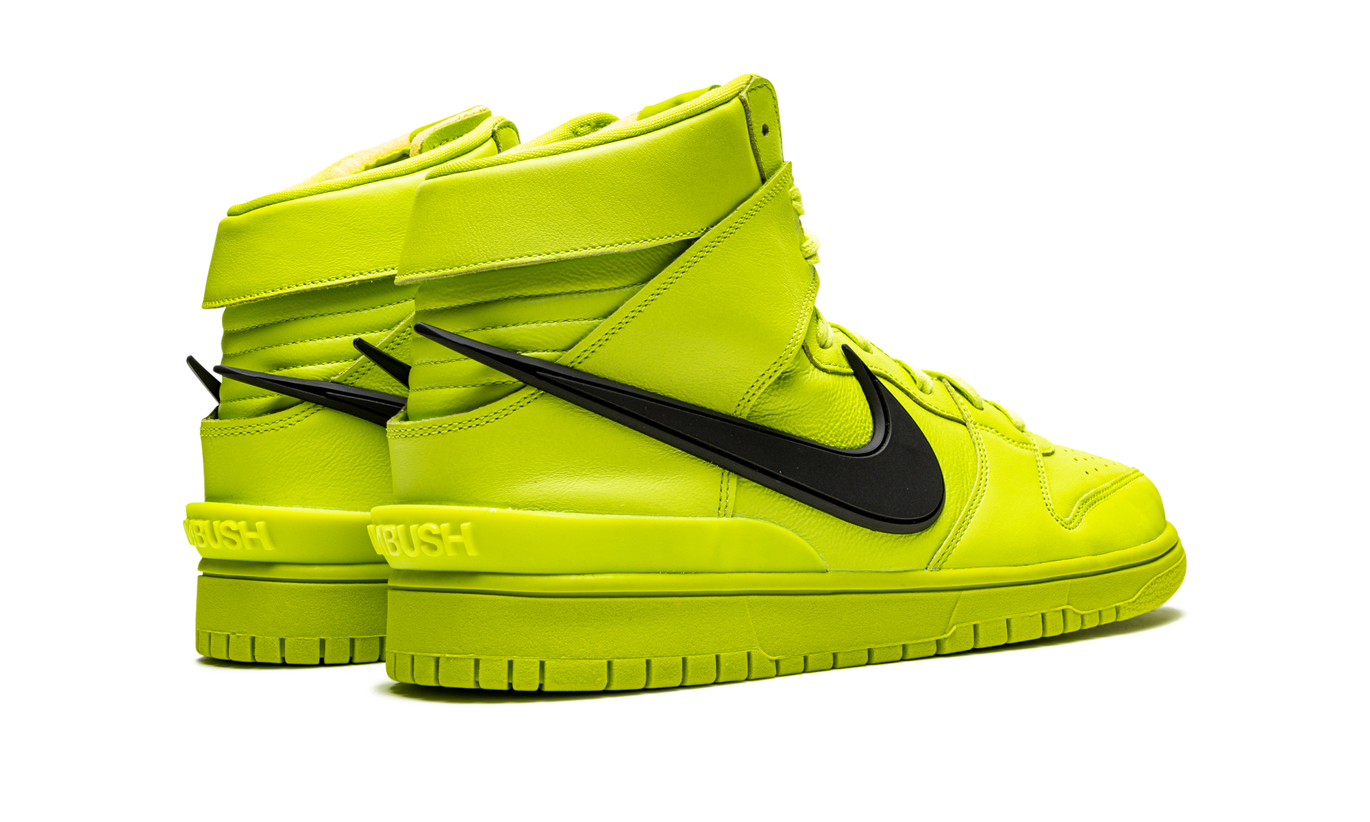 nike dunk high ambush flash lime+CU7544-300+diagnol right behind view