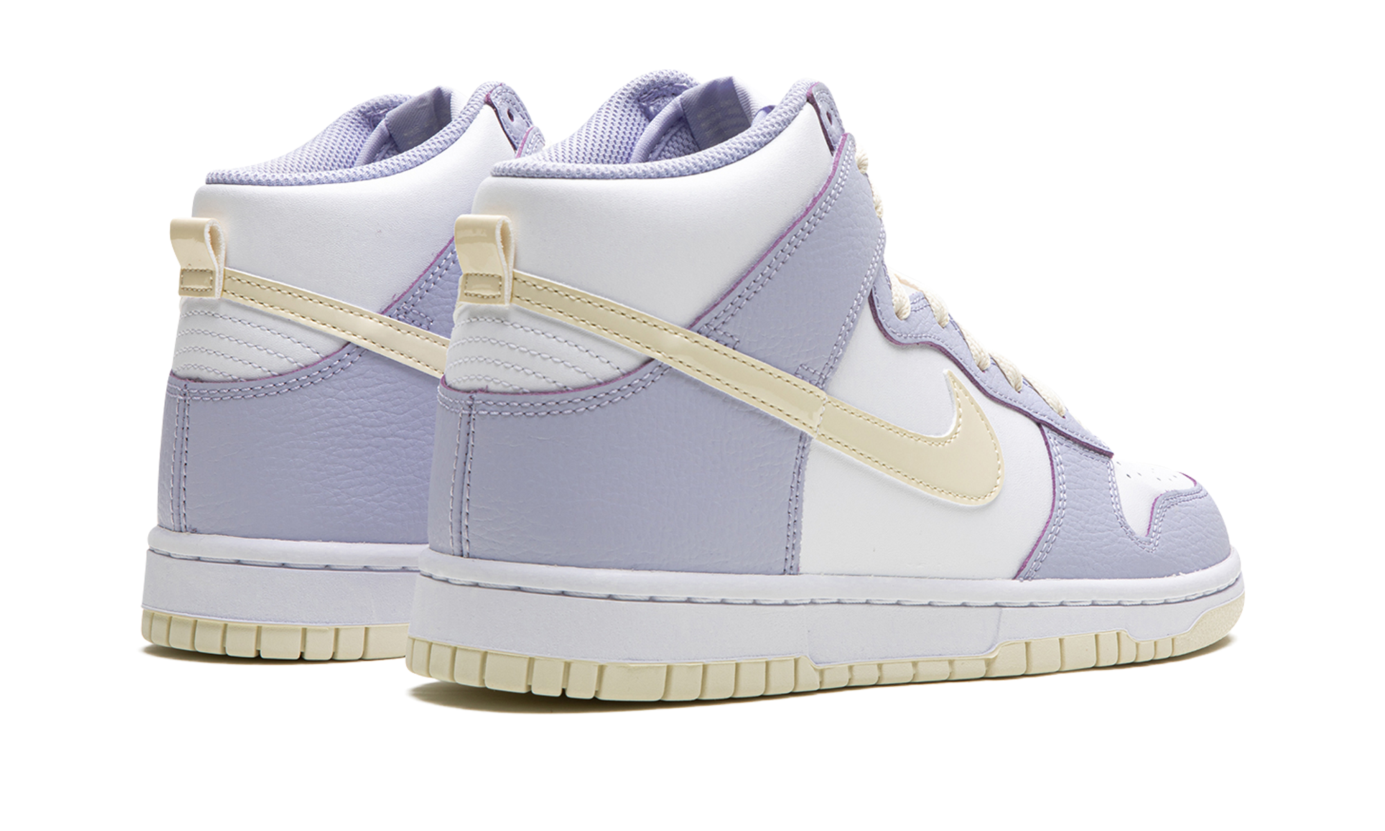 nike dunk high coconut milk oxygen purple women s+FN3504-100+diagnol right behind view