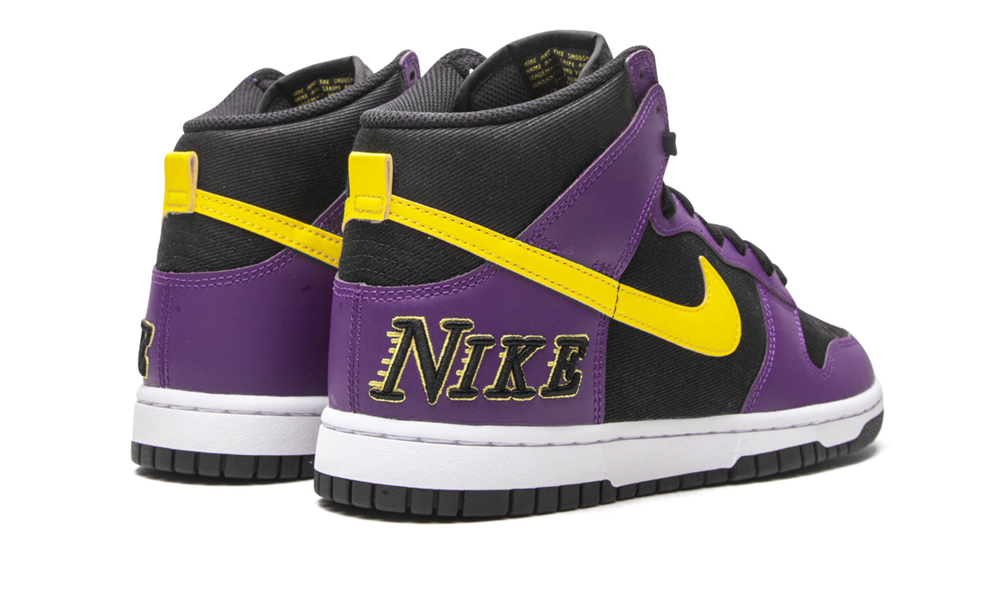 nike dunk high emb lakers+DH0642-001+diagnol right behind view