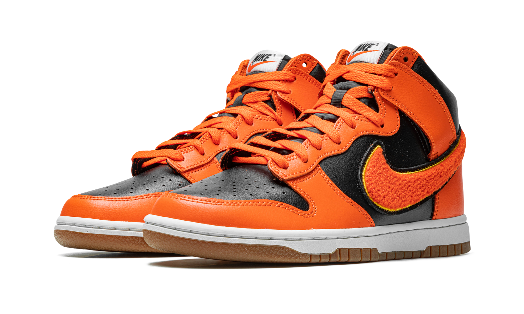nike dunk high retro chenille swoosh safety orange+DR8805-002+diagnol left view