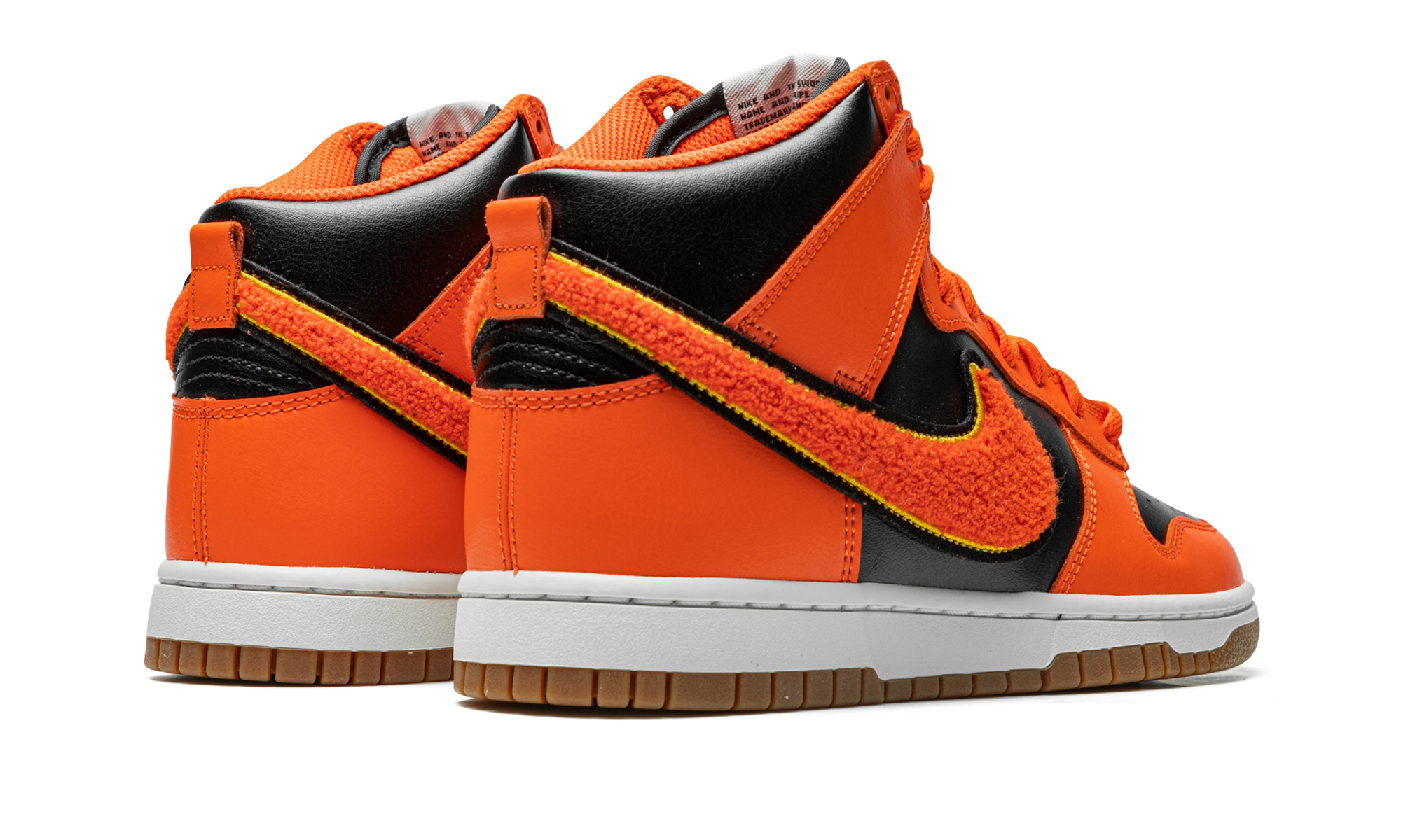 nike dunk high retro chenille swoosh safety orange+DR8805-002+diagnol right behind view