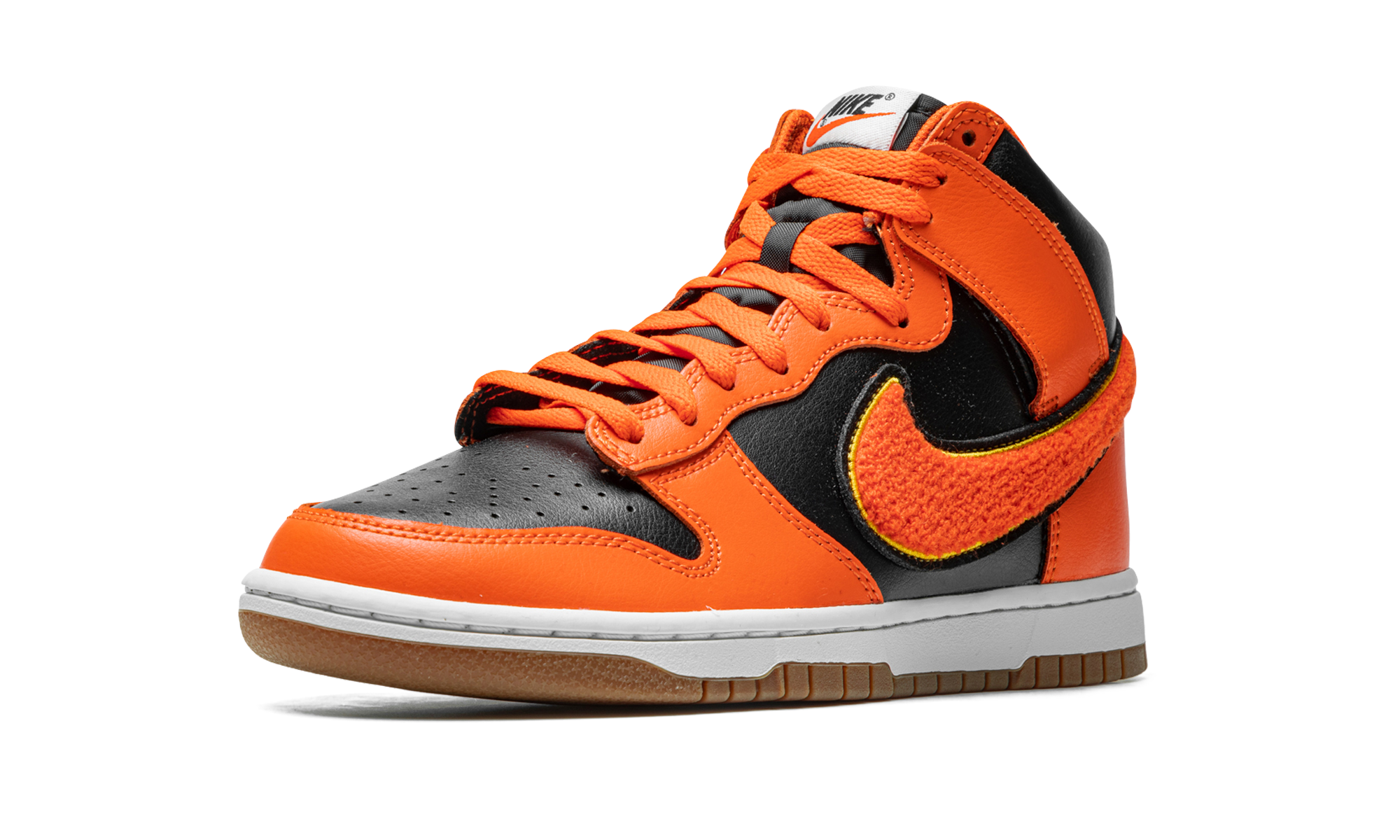 nike dunk high retro chenille swoosh safety orange+DR8805-002+left diagnol single view