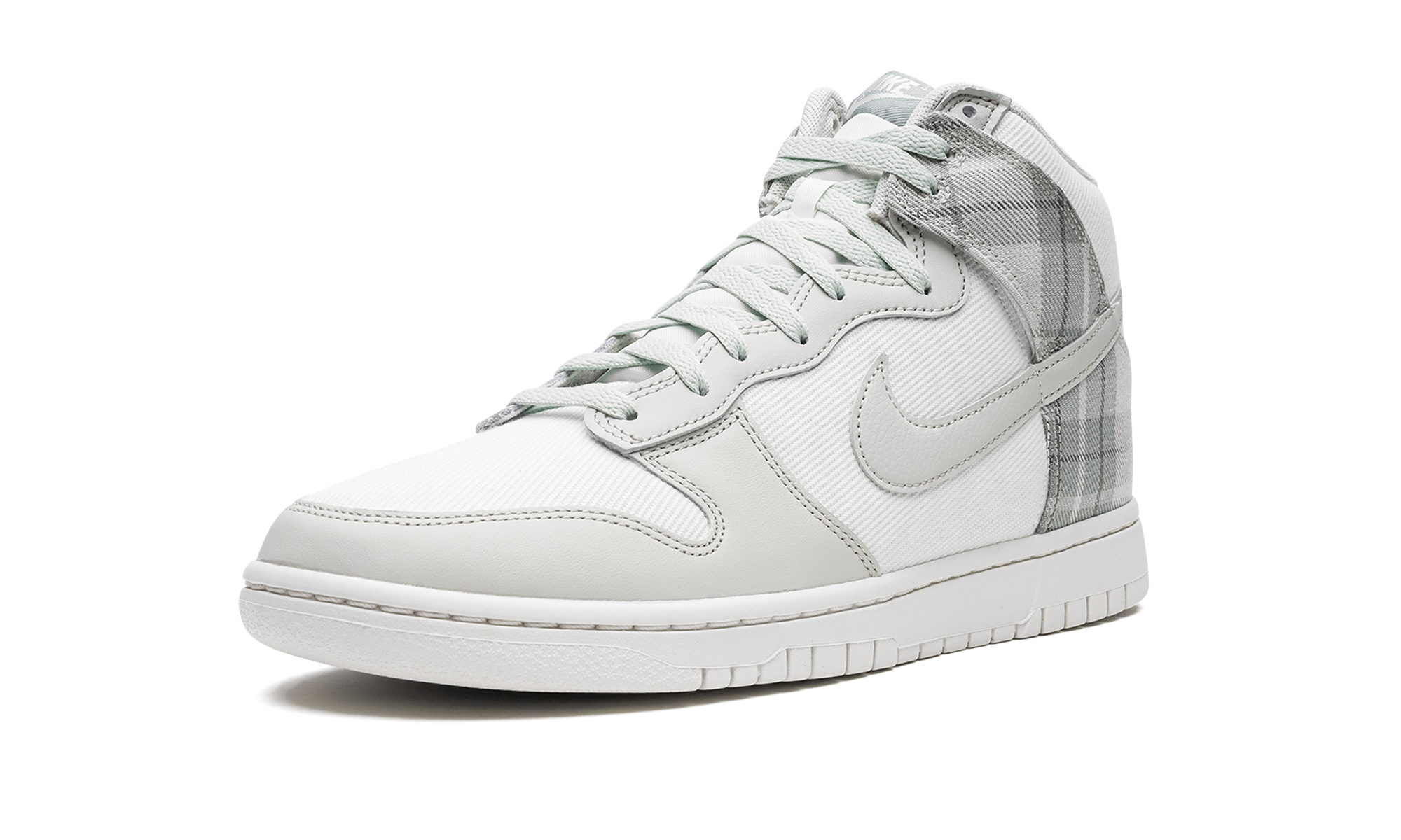 nike dunk high se tartan plaid white light green+DV0826-100+left diagnol single view