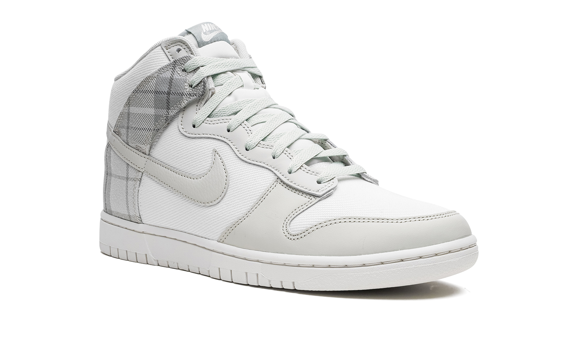 nike dunk high se tartan plaid white light green+DV0826-100+diagnol right view