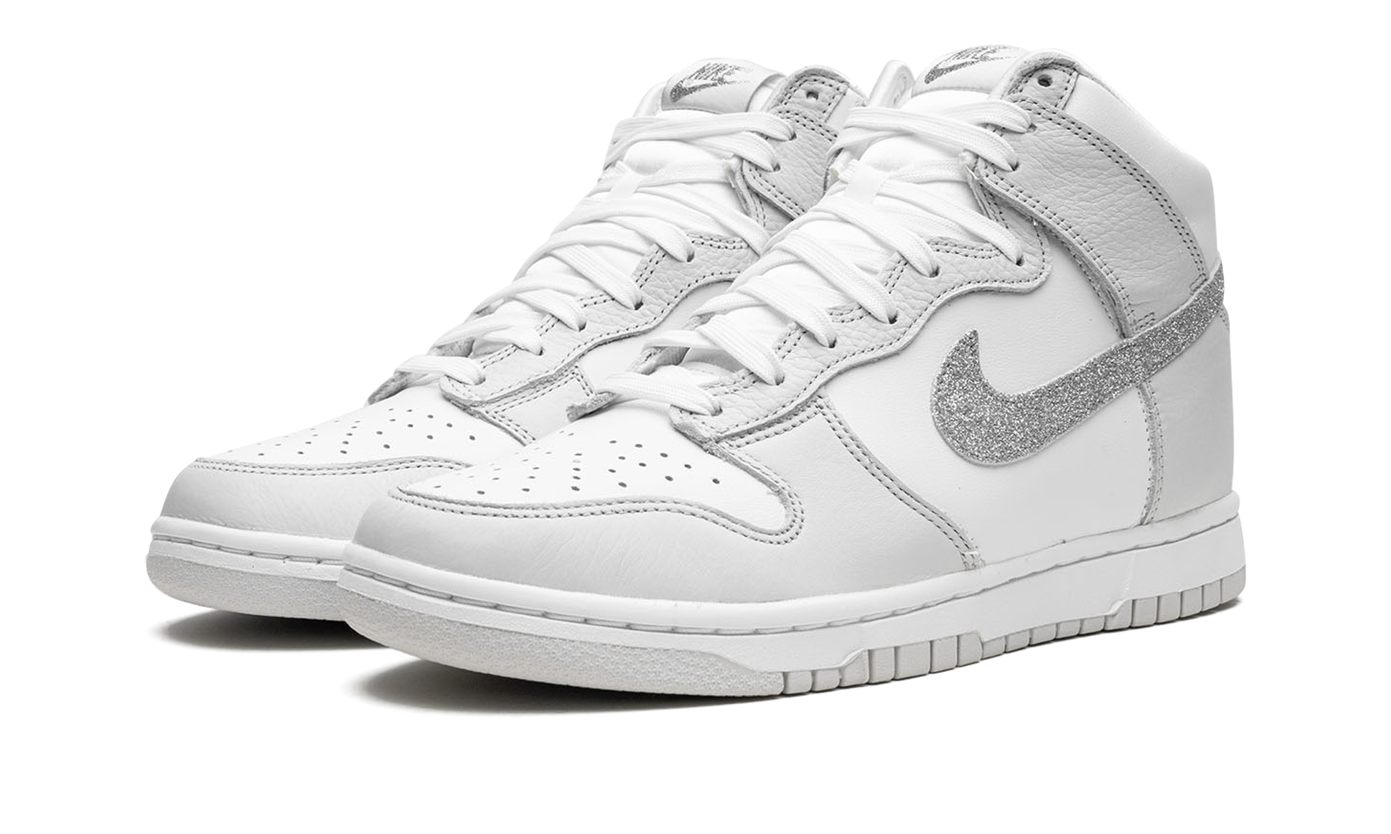 nike dunk high silver glitter swoosh women s+FJ4578-100+diagnol left view