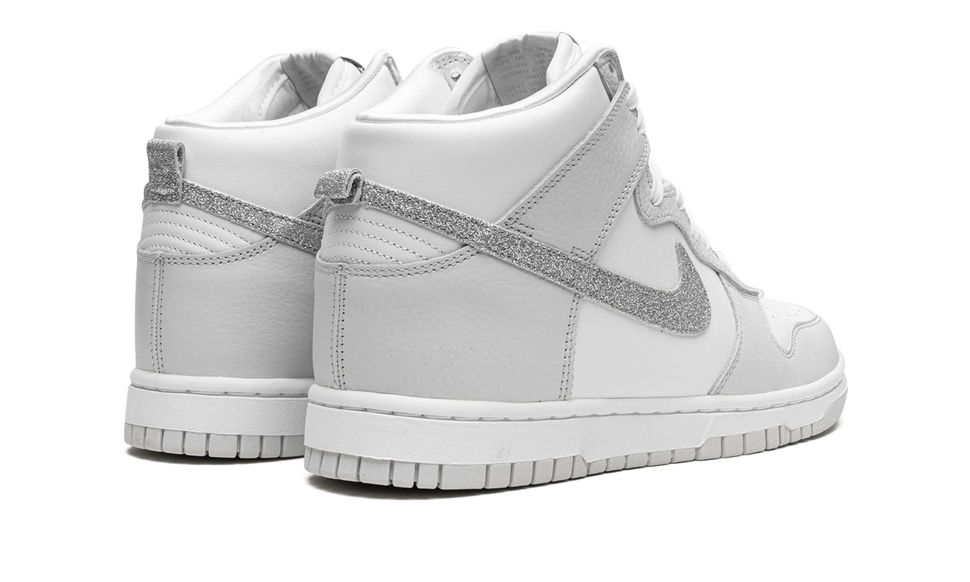 nike dunk high silver glitter swoosh women s+FJ4578-100+diagnol right behind view