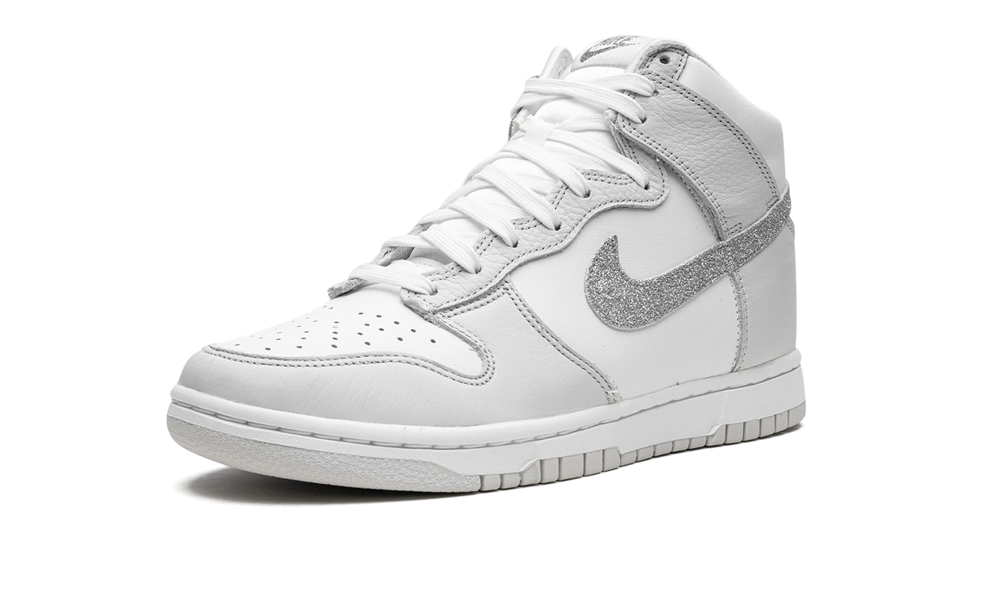 nike dunk high silver glitter swoosh women s+FJ4578-100+left diagnol single view