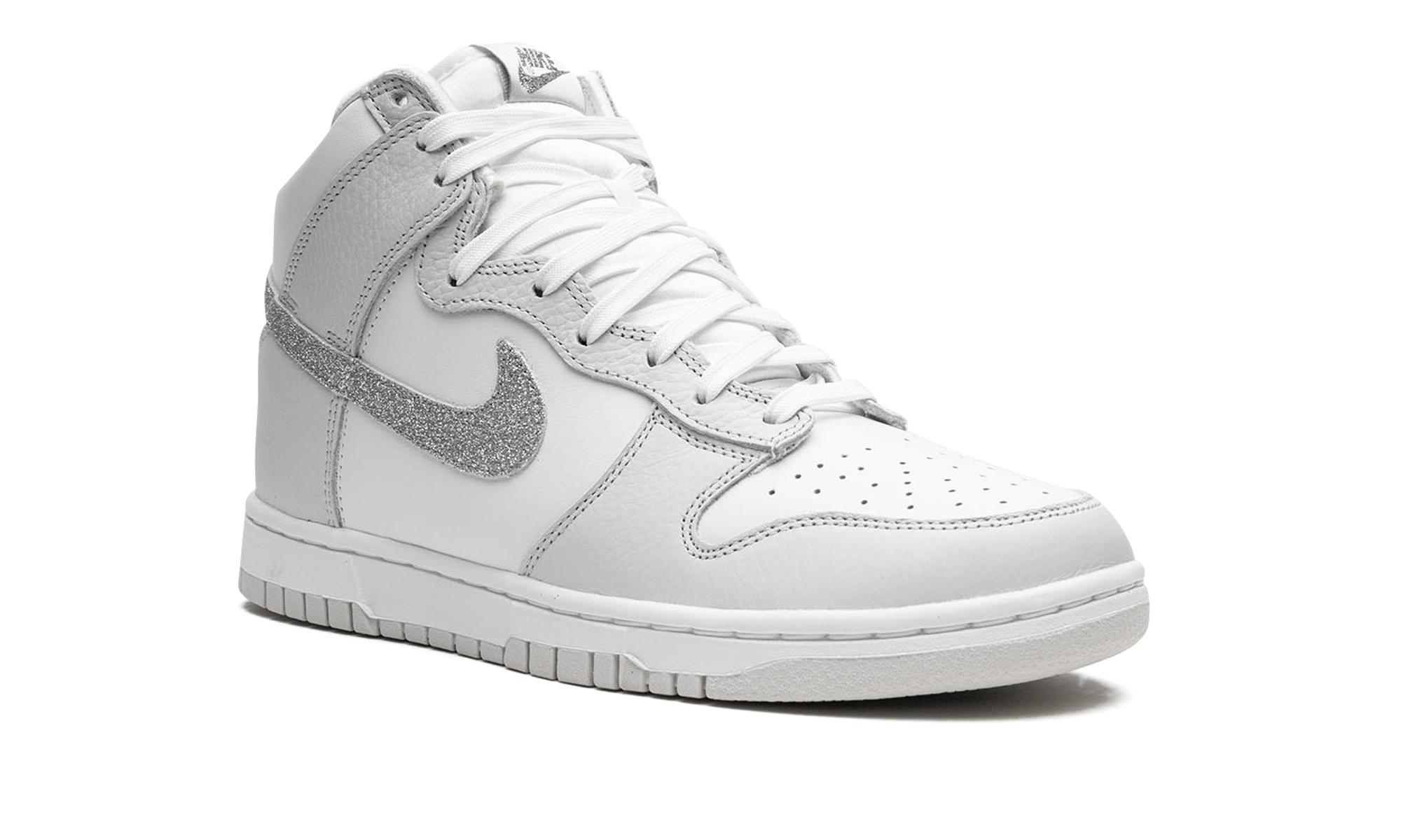 nike dunk high silver glitter swoosh women s+FJ4578-100+diagnol right view