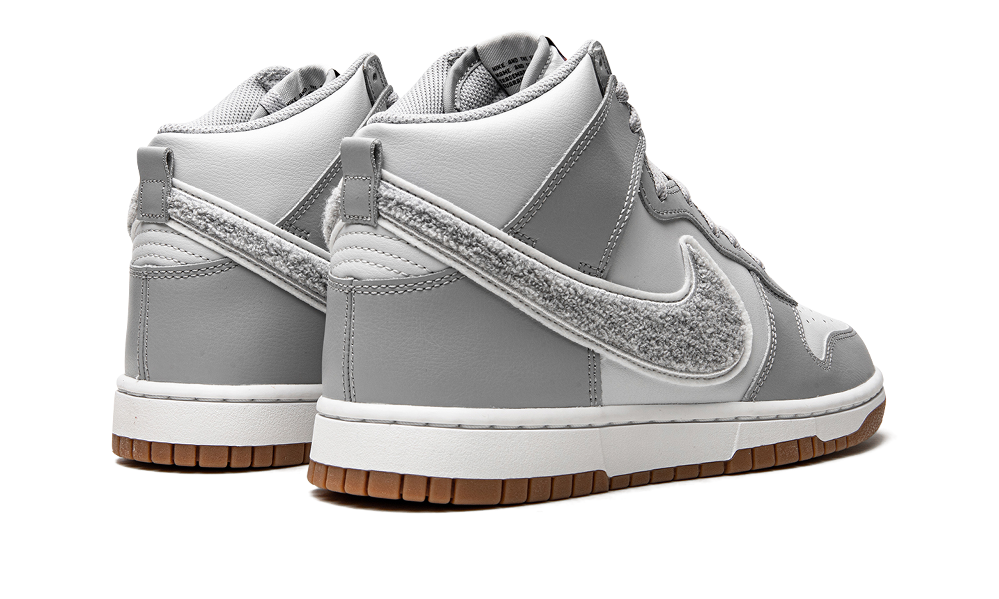 nike dunk high university chenille swoosh light smoke grey+DR8805-003+diagnol right behind view