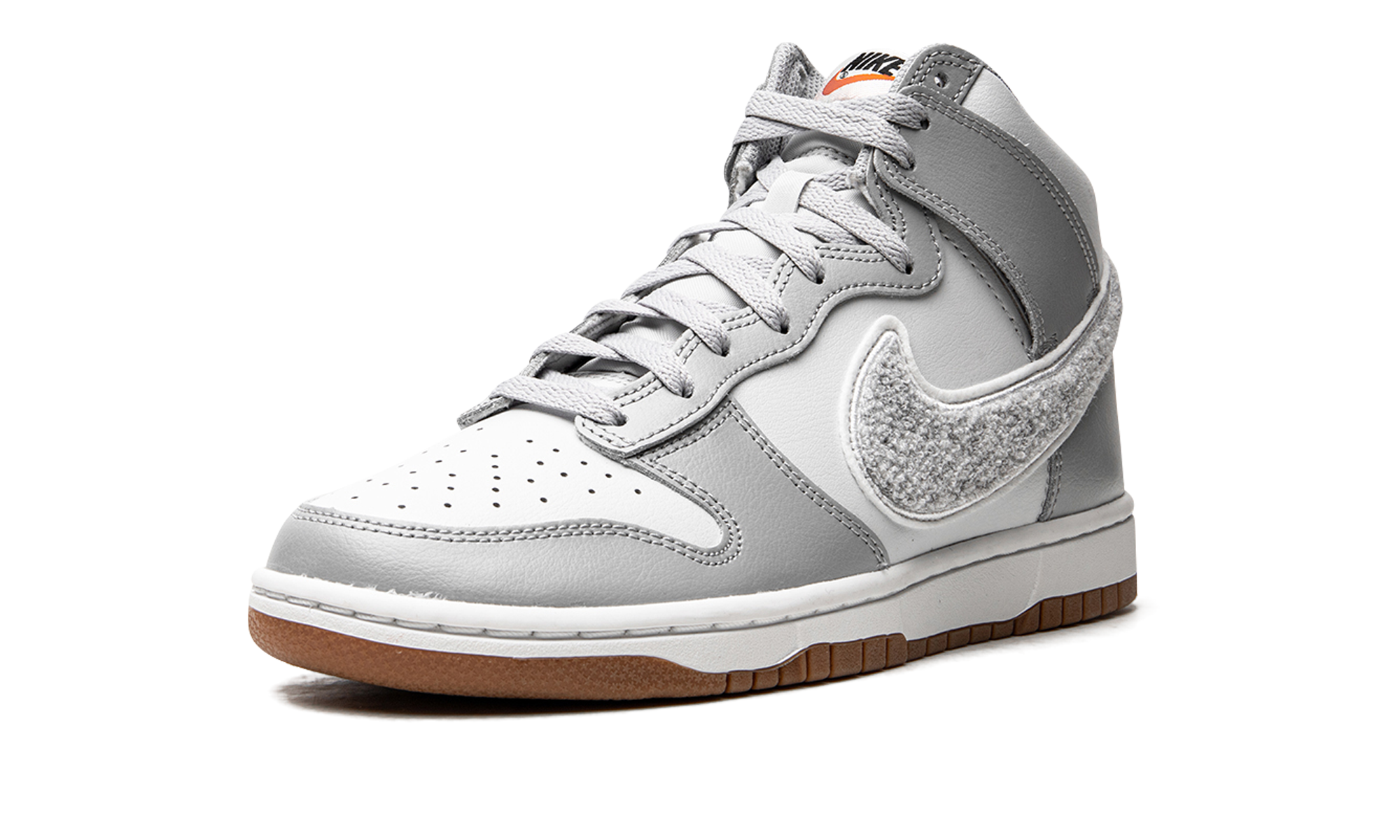 nike dunk high university chenille swoosh light smoke grey+DR8805-003+left diagnol single view