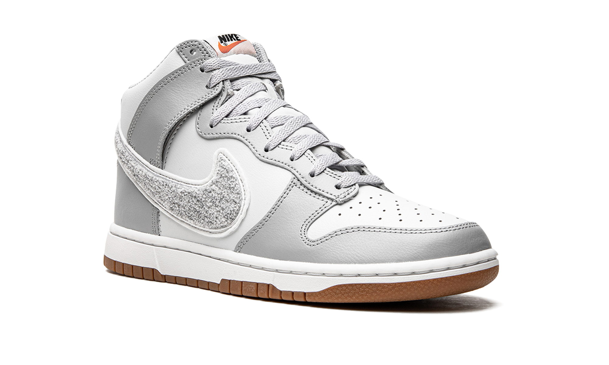 nike dunk high university chenille swoosh light smoke grey+DR8805-003+diagnol right view