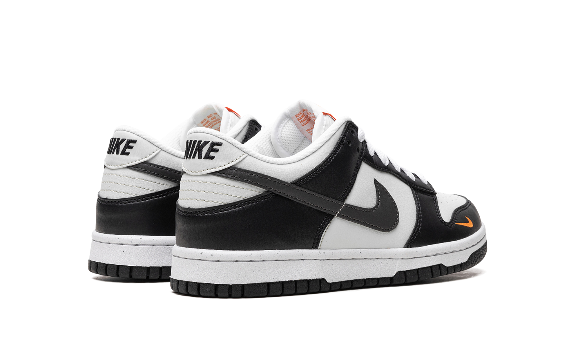 nike dunk low black bright mandarin mini swoosh gs+FN7784-001+diagnol right behind view