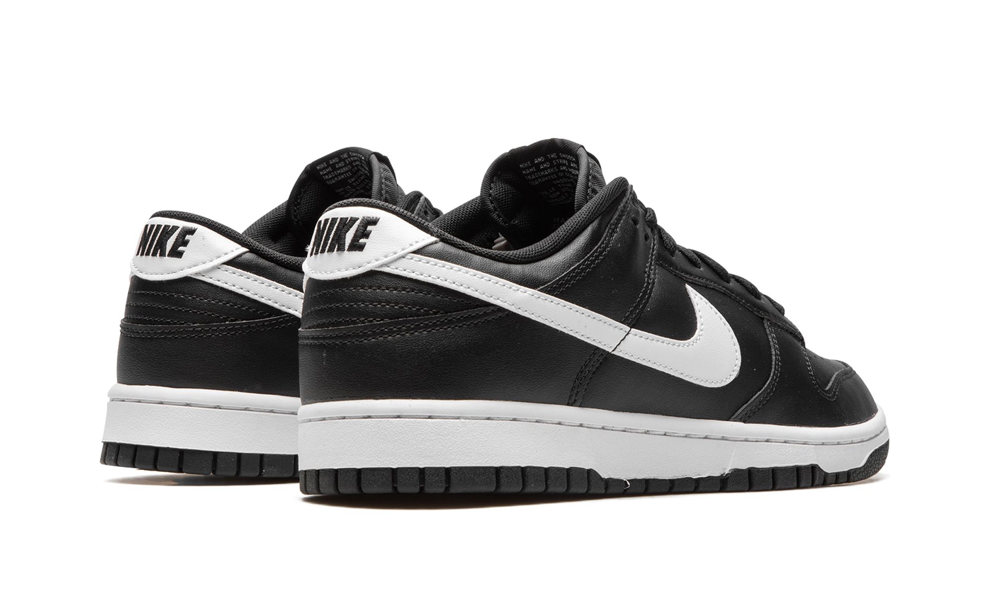 nike dunk low black panda 2 0+DV0831-002+diagnol right behind view