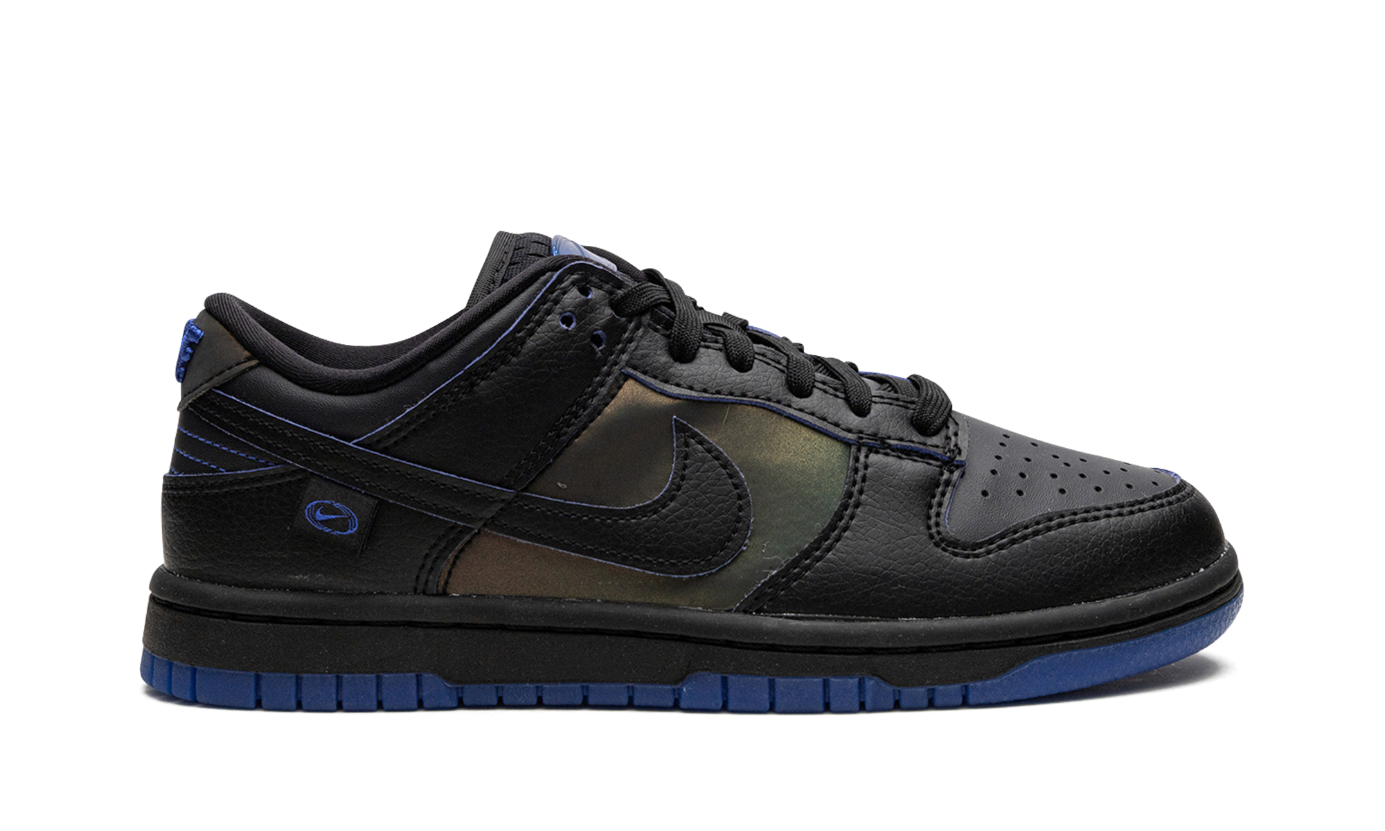 nike dunk low black royal iridescent women s+FB1842-001+diagnol left view