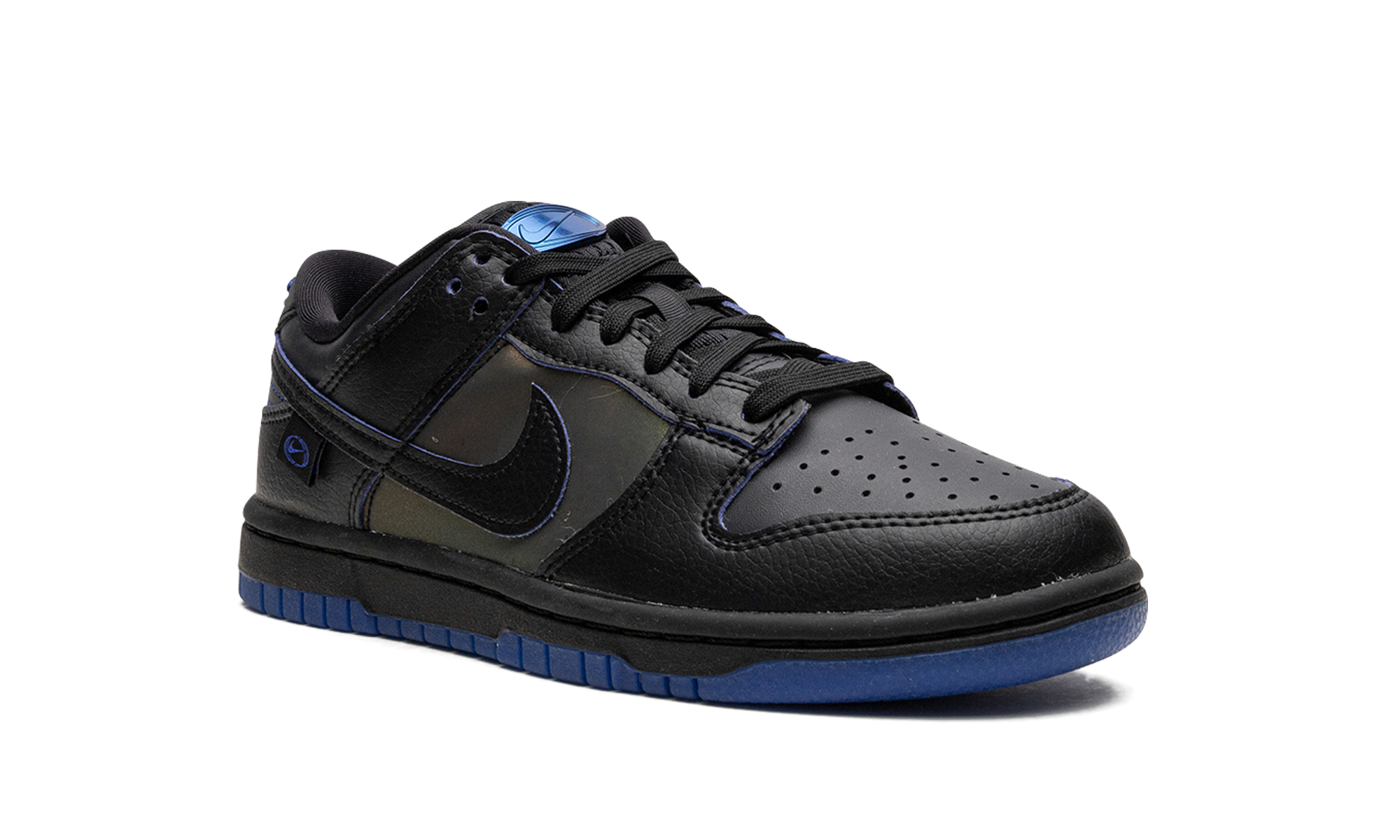 nike dunk low black royal iridescent women s+FB1842-001+diagnol right behind view