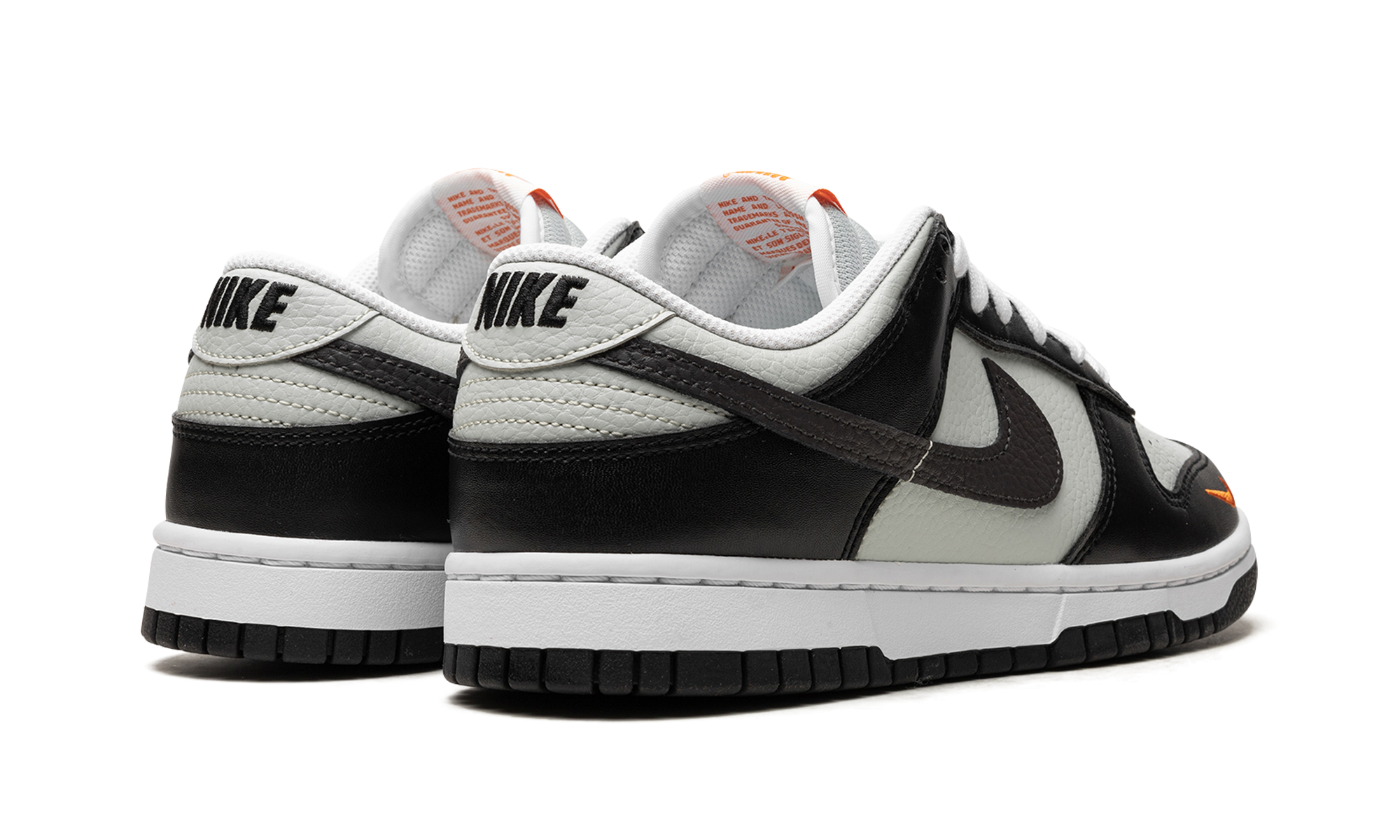 nike dunk low black total orange mini swoosh+FN7808-001+diagnol right behind view