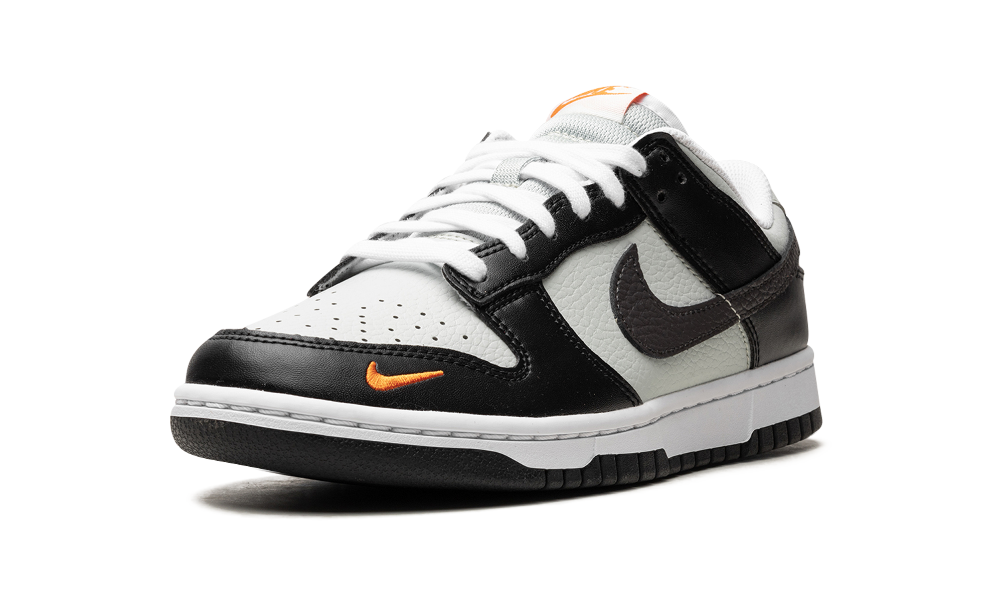 nike dunk low black total orange mini swoosh+FN7808-001+left diagnol single view