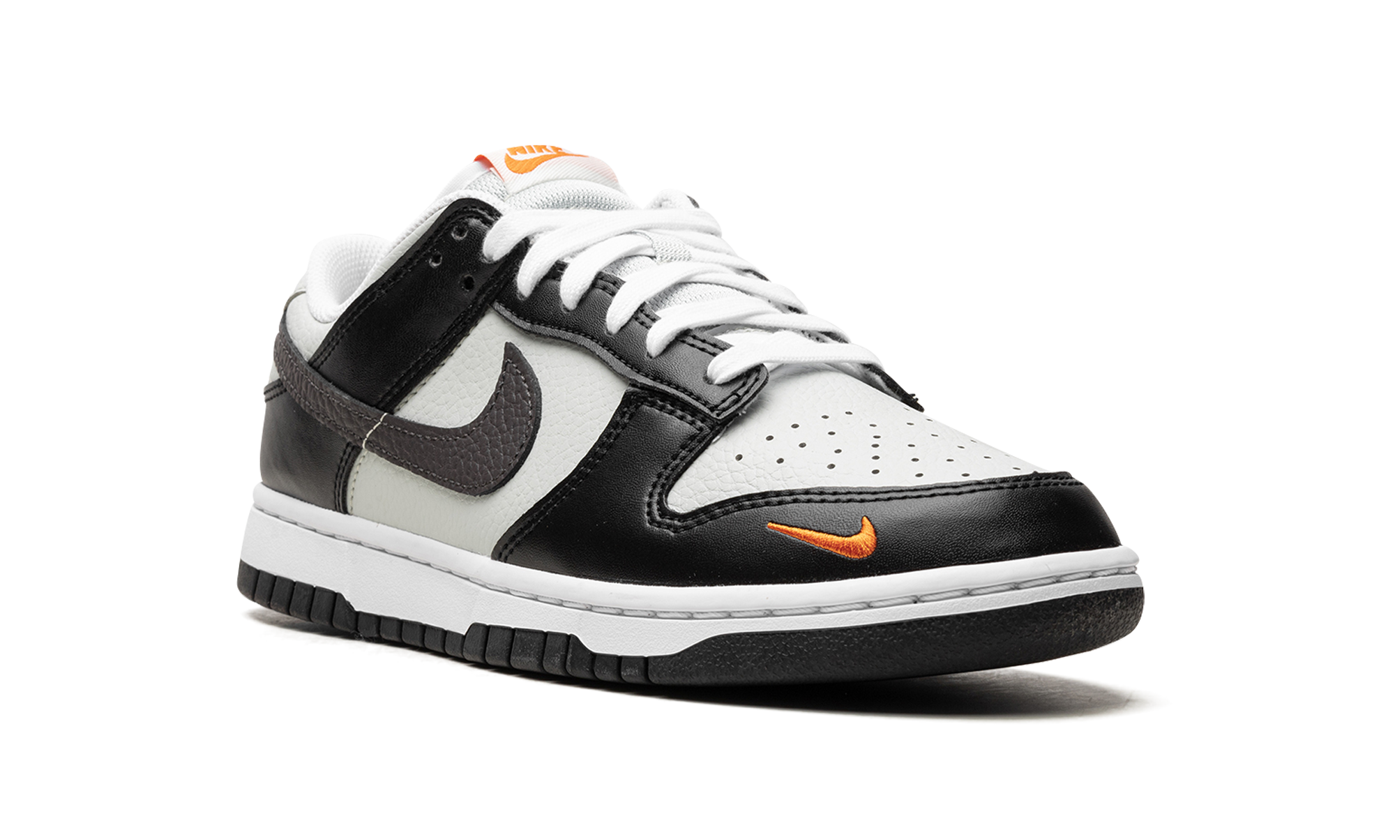 nike dunk low black total orange mini swoosh+FN7808-001+diagnol right view