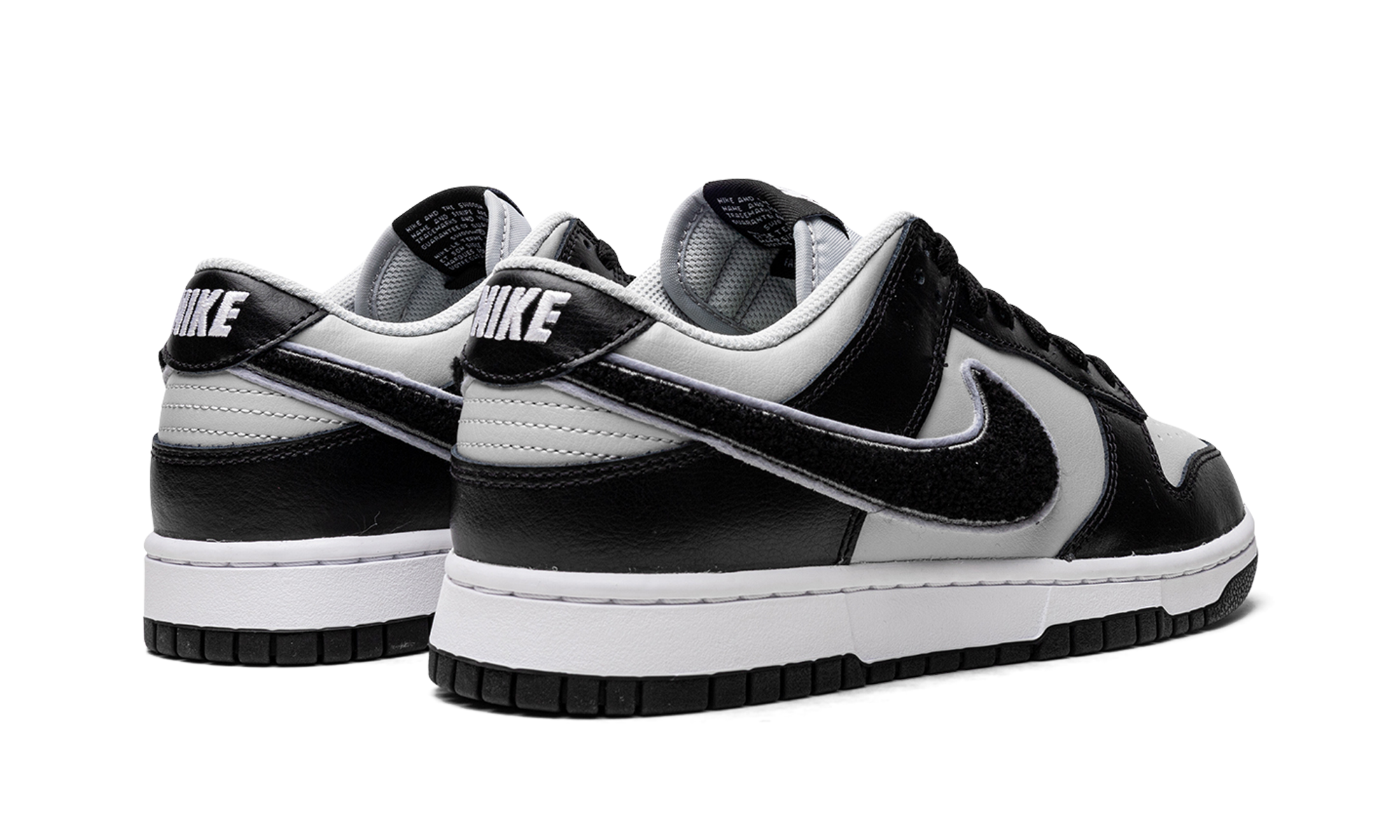 nike dunk low chenille swoosh black grey+DQ7683-001+diagnol right behind view