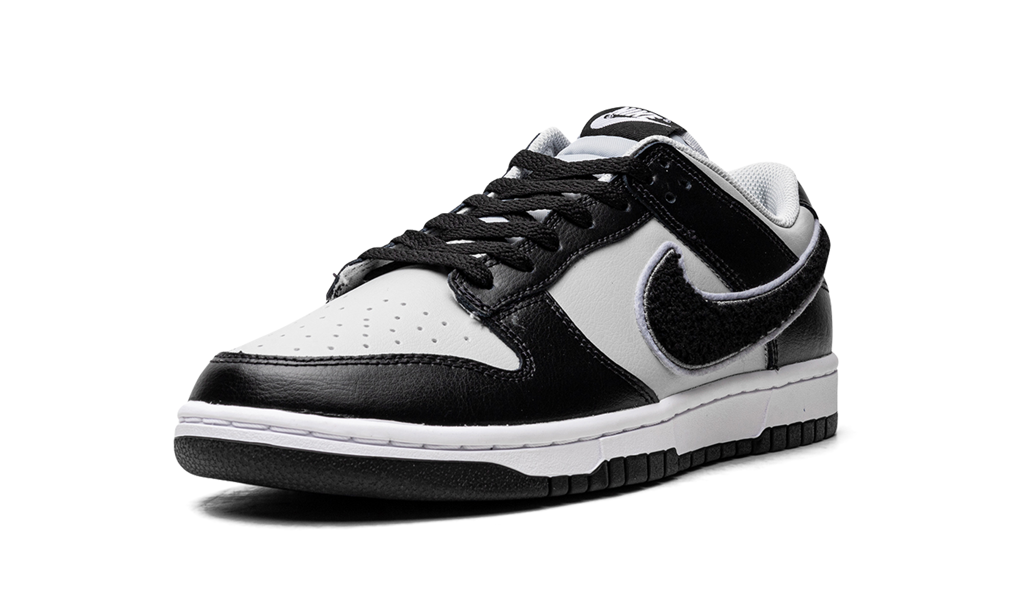 nike dunk low chenille swoosh black grey+DQ7683-001+left diagnol single view