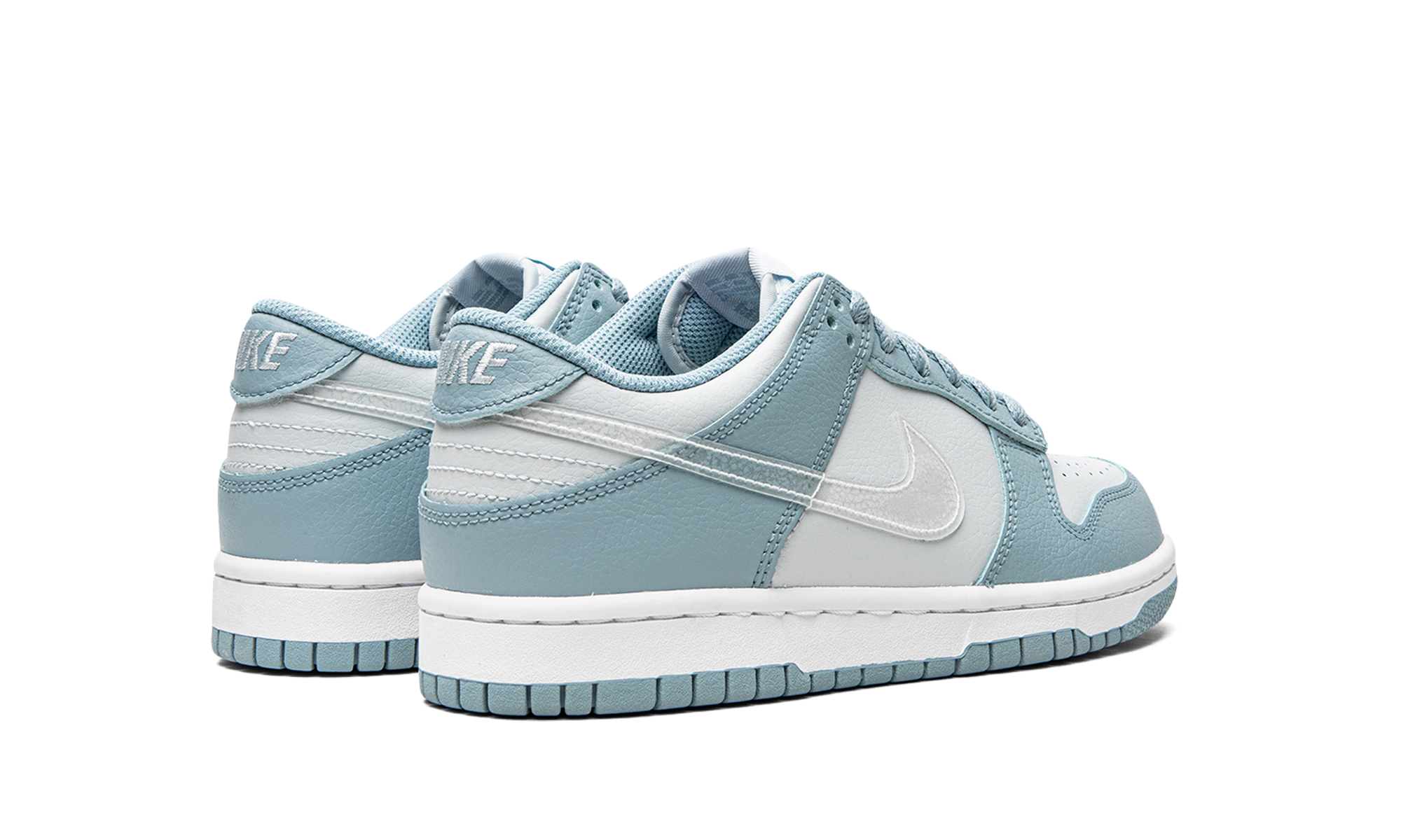 nike dunk low clear blue swoosh gs+DH9765-401+diagnol right behind view
