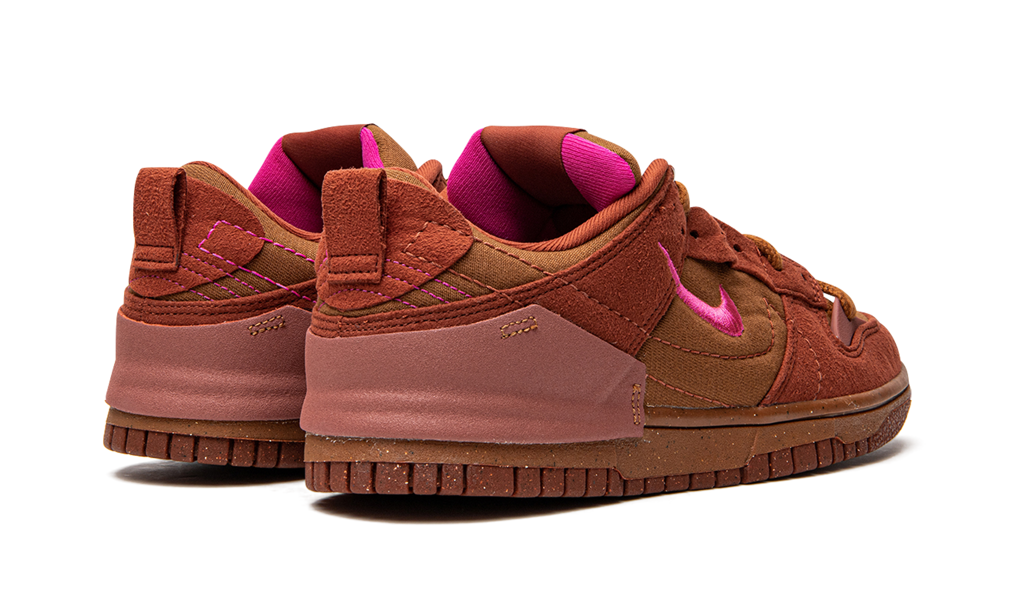 nike dunk low disrupt 2 desert bronze pink prime women s+DH4402-200+diagnol right behind view