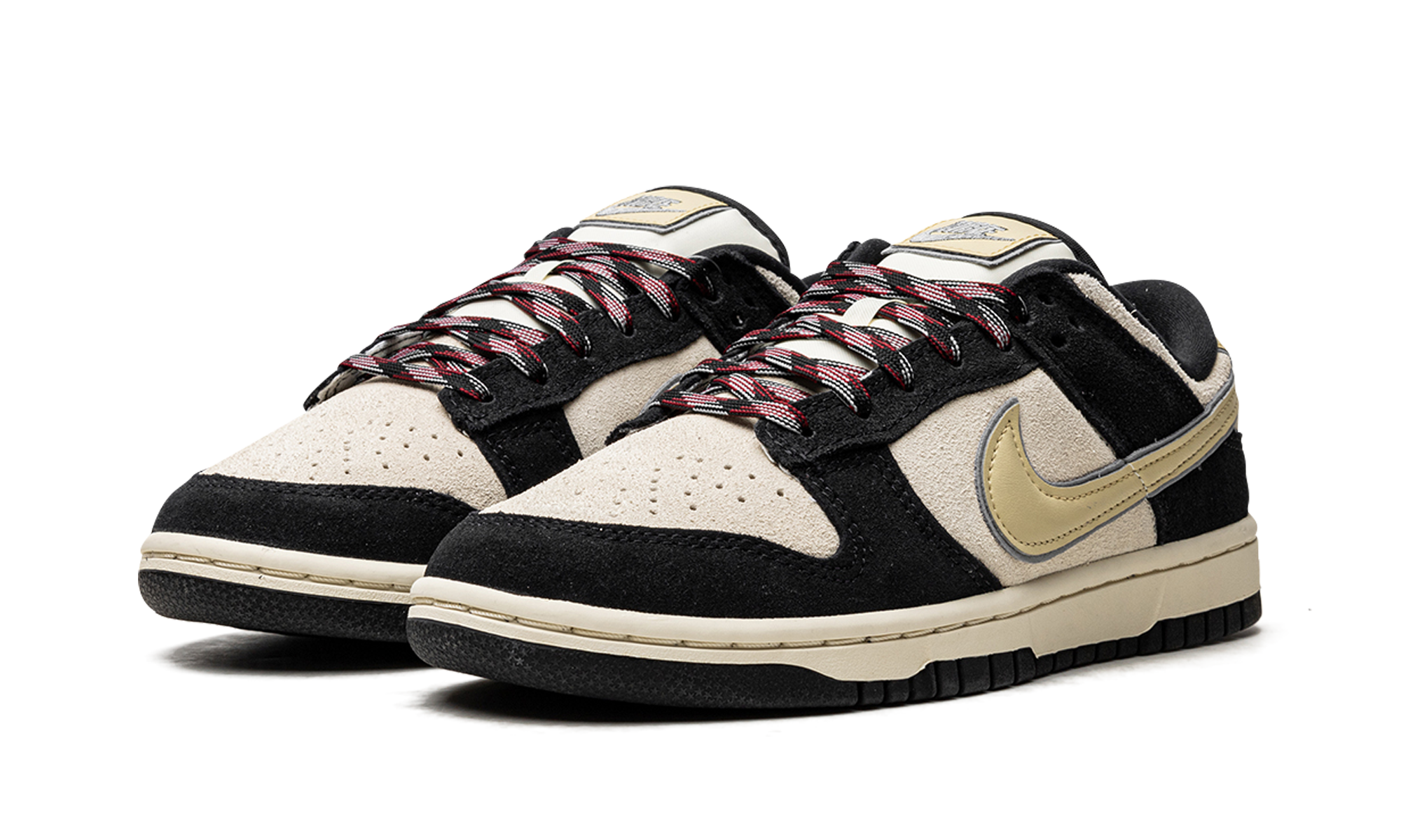 nike dunk low lx black suede team gold women s+DV3054-001+diagnol left view