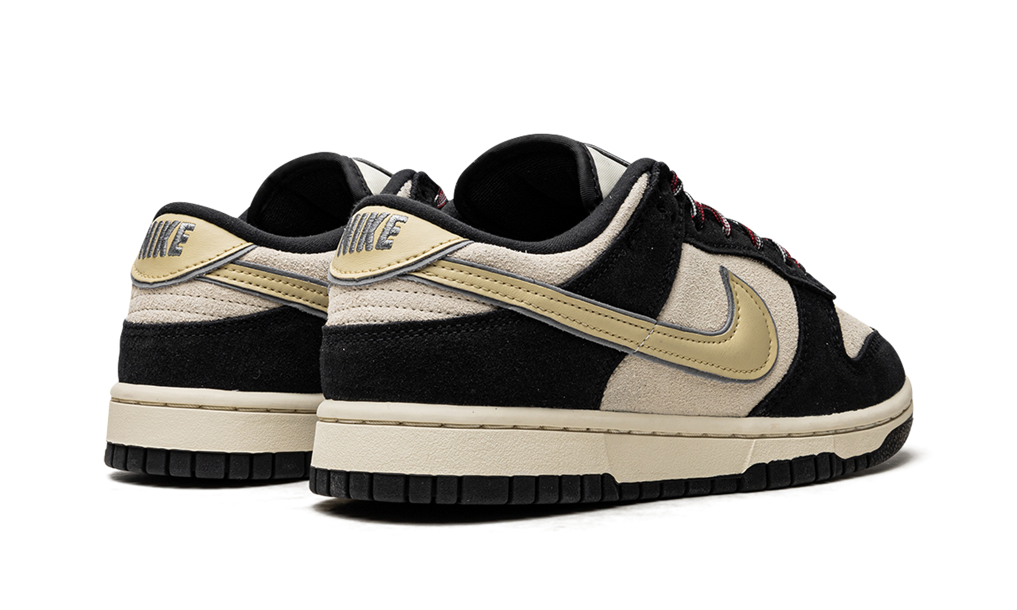 nike dunk low lx black suede team gold women s+DV3054-001+diagnol right behind view