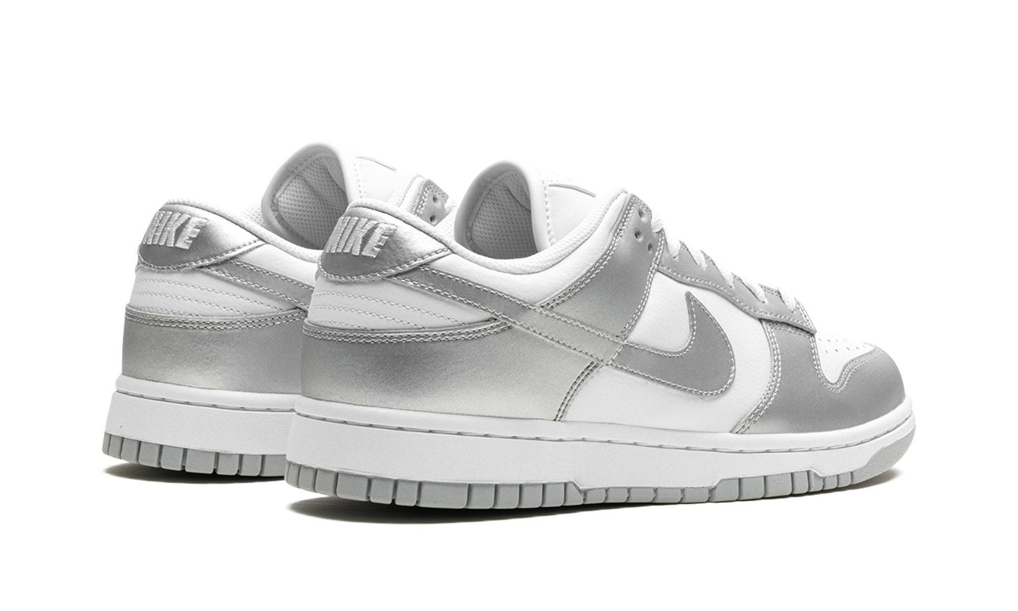 nike dunk low metallic silver women s+FV1311-100+diagnol right behind view
