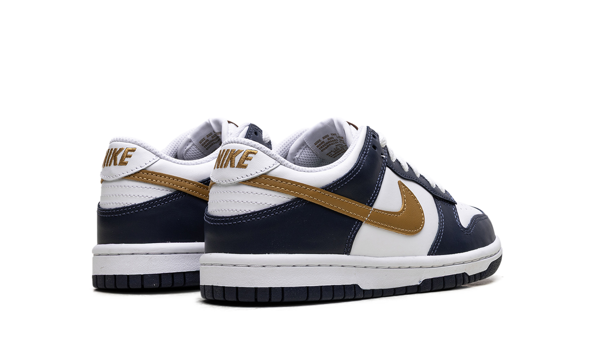 nike dunk low midnight navy wheat gs+FB9109-111+diagnol right behind view