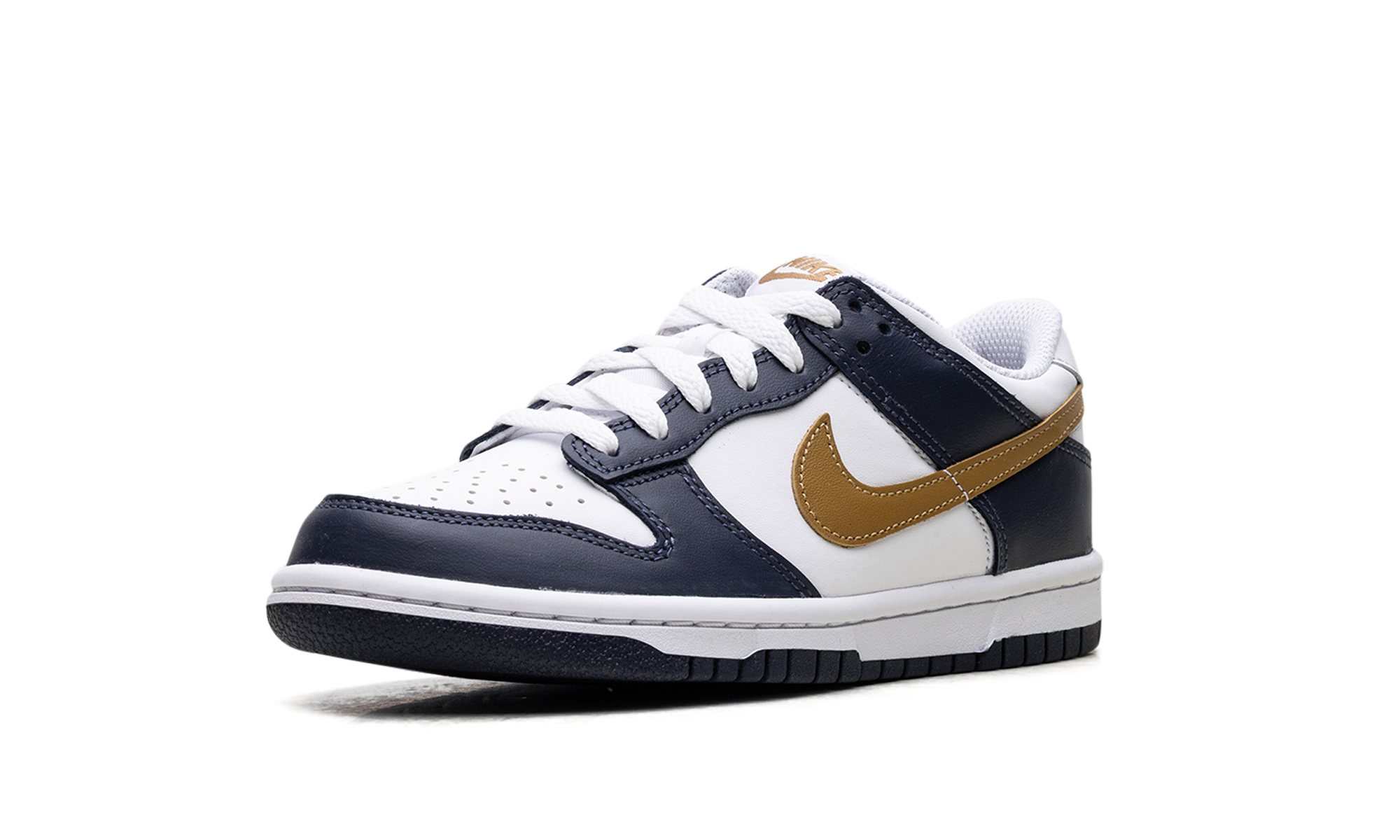 nike dunk low midnight navy wheat gs+FB9109-111+left diagnol single view