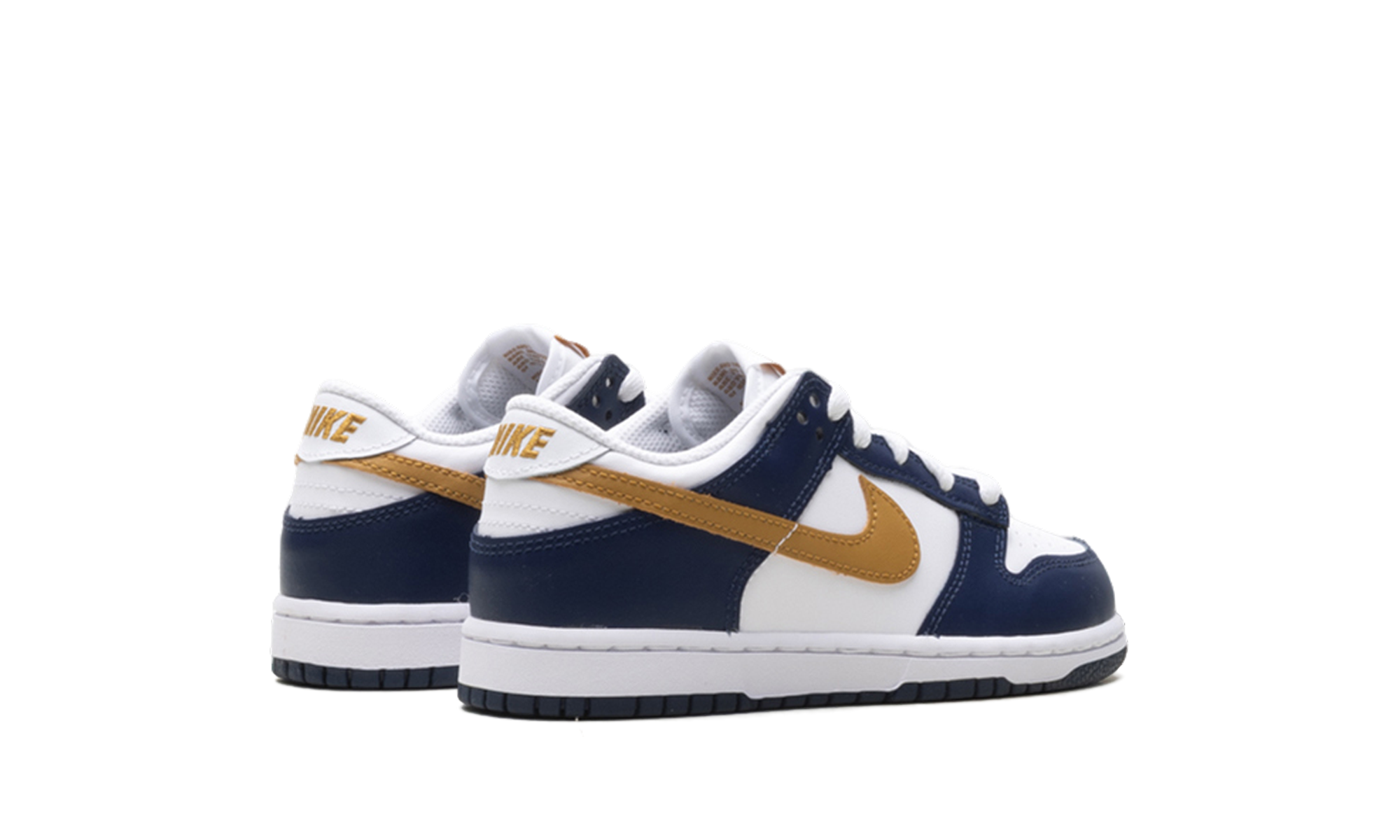 nike dunk low midnight navy wheat ps+FB9108-111+diagnol right behind view