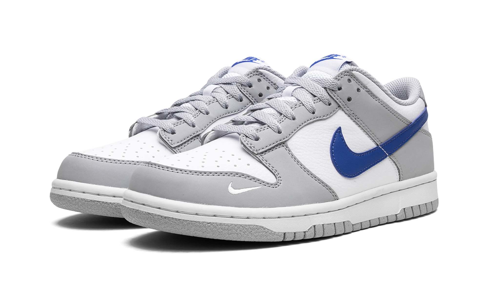 nike dunk low mini swoosh wolf grey game royal gs+FN3878-001+diagnol left view
