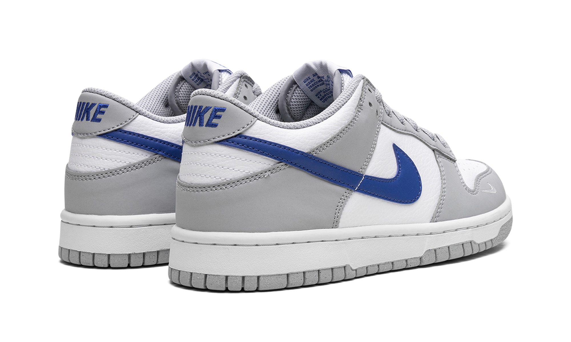 nike dunk low mini swoosh wolf grey game royal gs+FN3878-001+diagnol right behind view