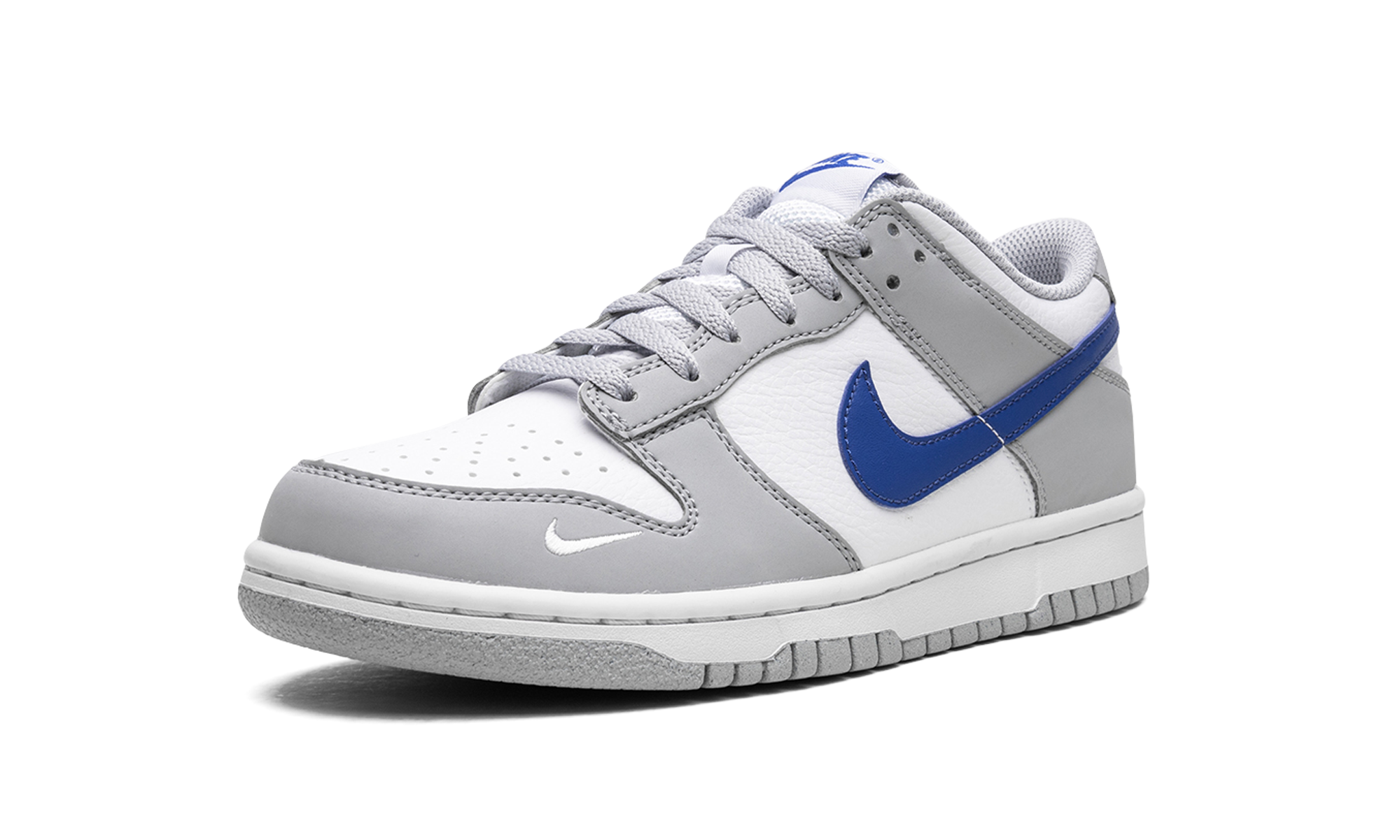 nike dunk low mini swoosh wolf grey game royal gs+FN3878-001+left diagnol single view