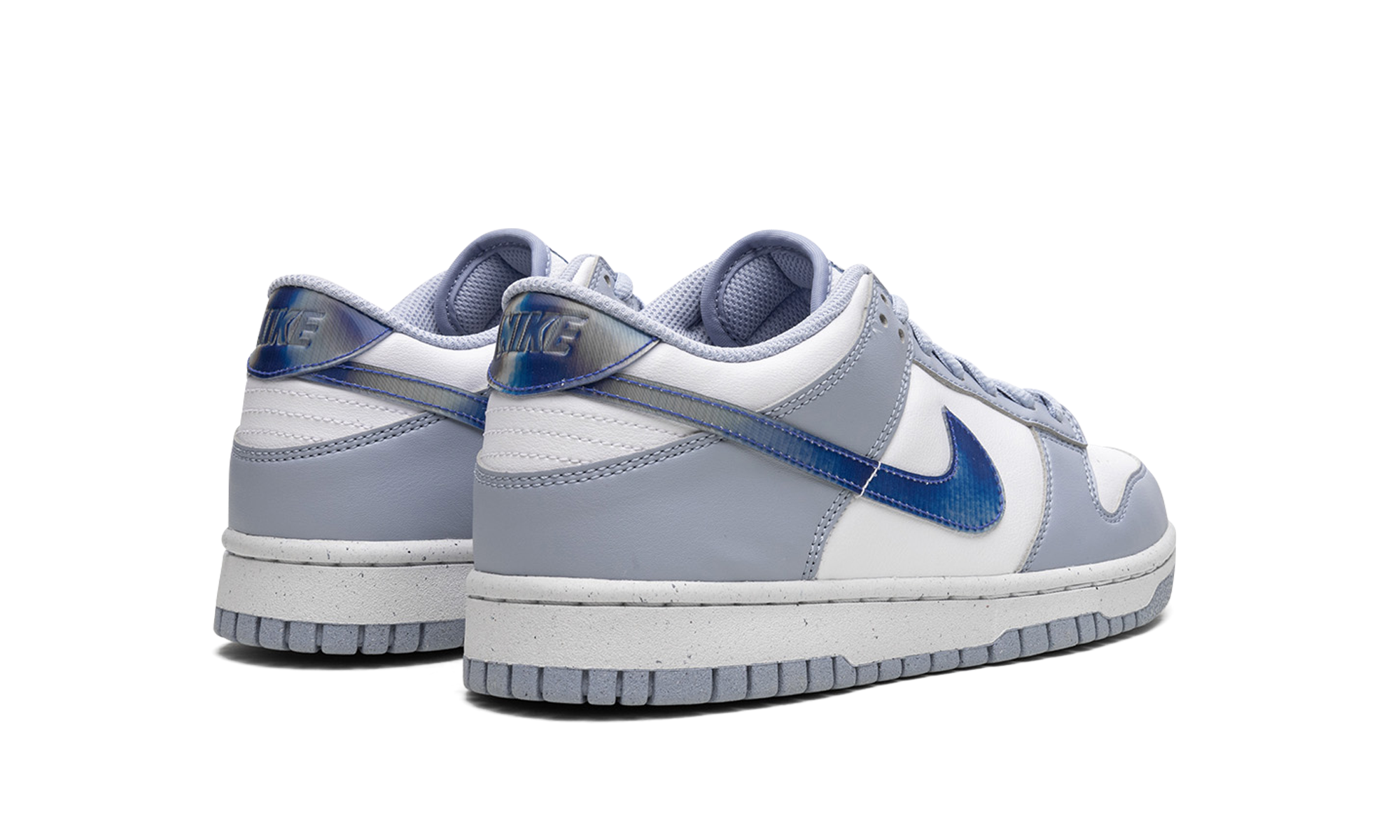 nike dunk low next nature blue whisper iridescent gs+FJ4668-400+diagnol right behind view