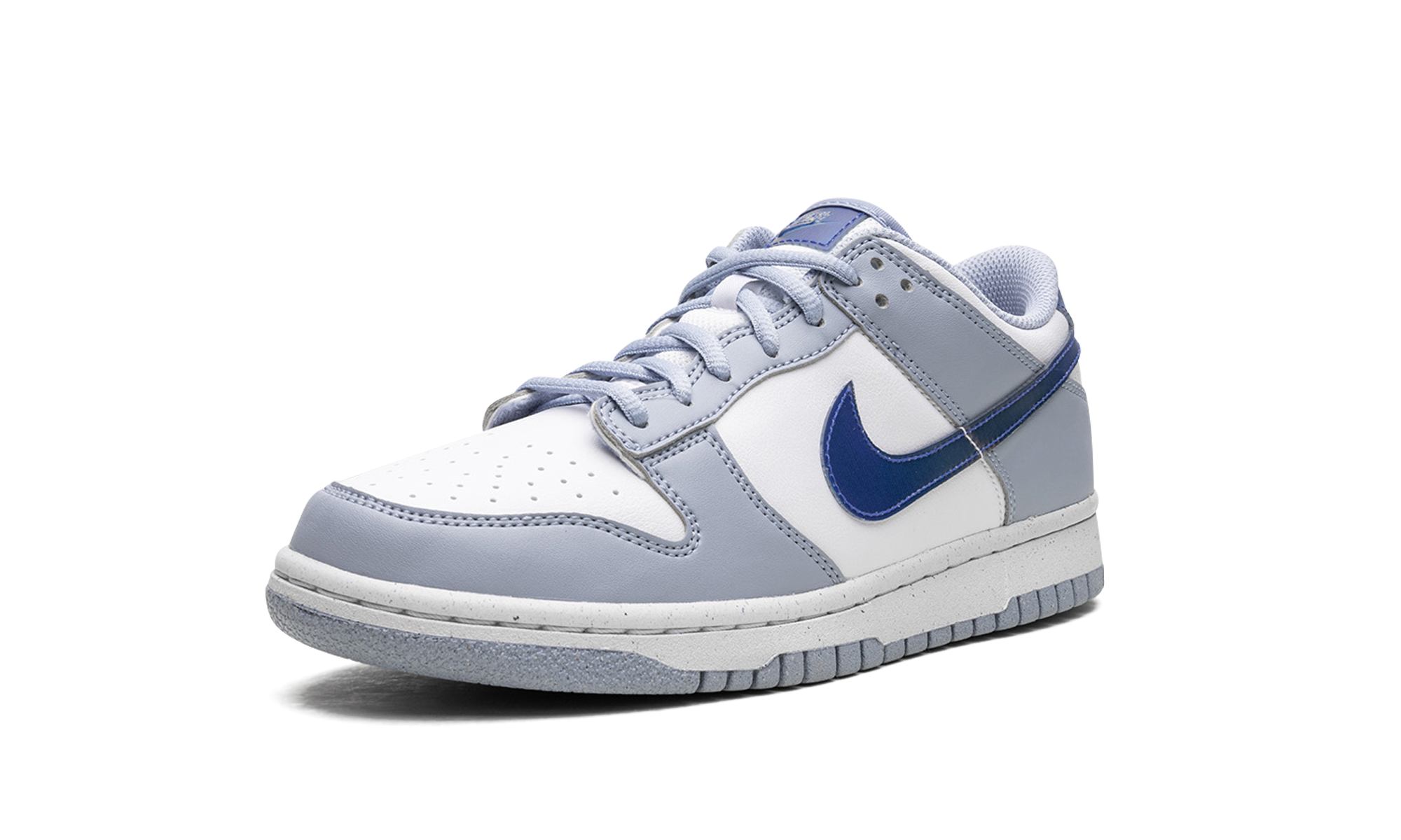 nike dunk low next nature blue whisper iridescent gs+FJ4668-400+left diagnol single view