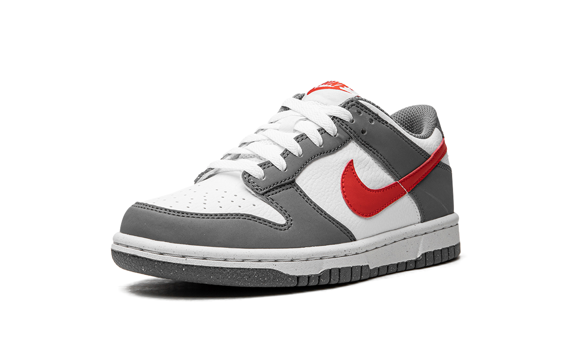 nike dunk low next nature smoke grey light crimson gs+FB8038-001+left diagnol single view