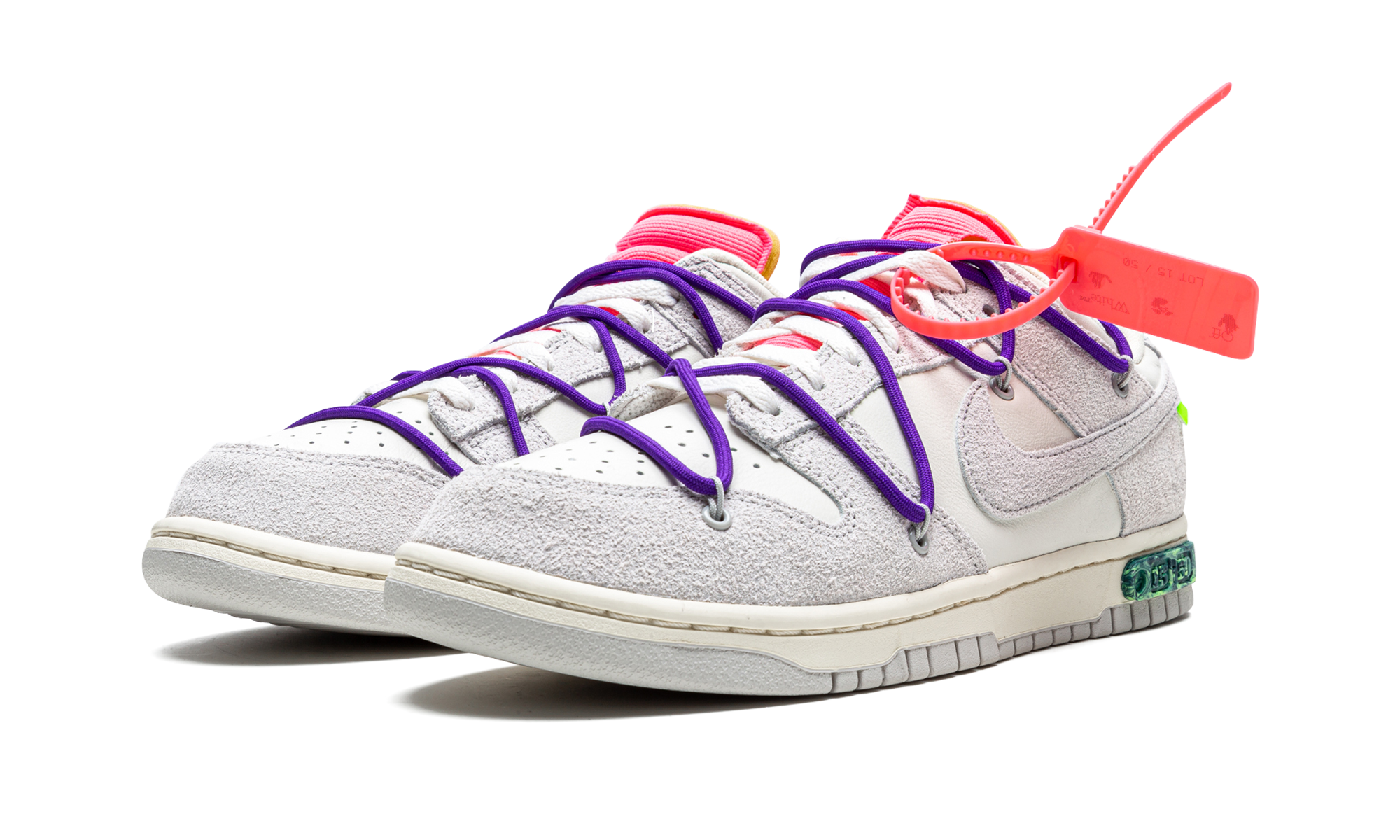 nike dunk low off white lot 15+DJ0950-101+diagnol left view